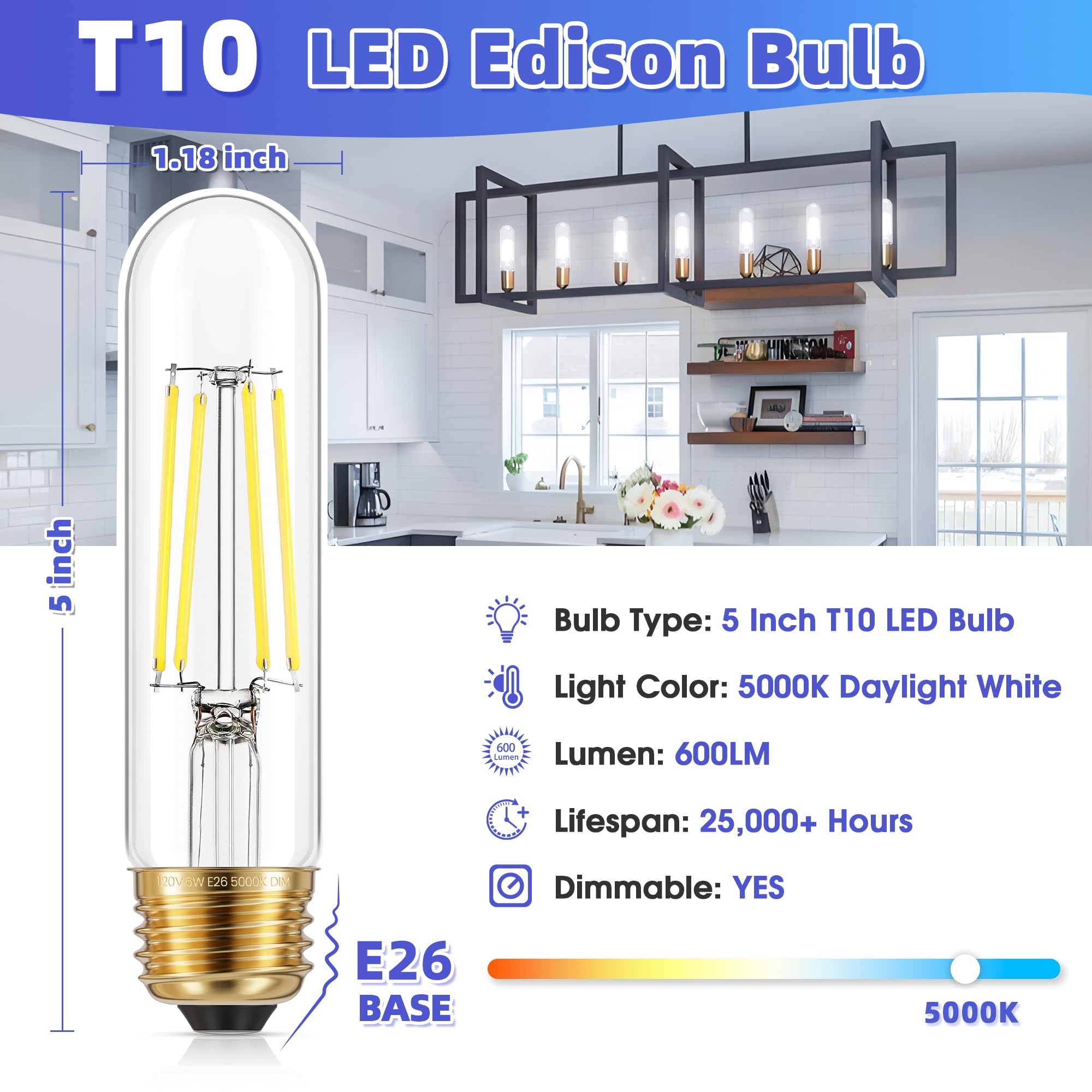 Ggoying Dimmable E26 Led Bulb 60W Equivalent, 600Lm Daylight White 5000K E26 Edison Bulbs, 6W Tubular T10 Led Bulb For Rustic Pe