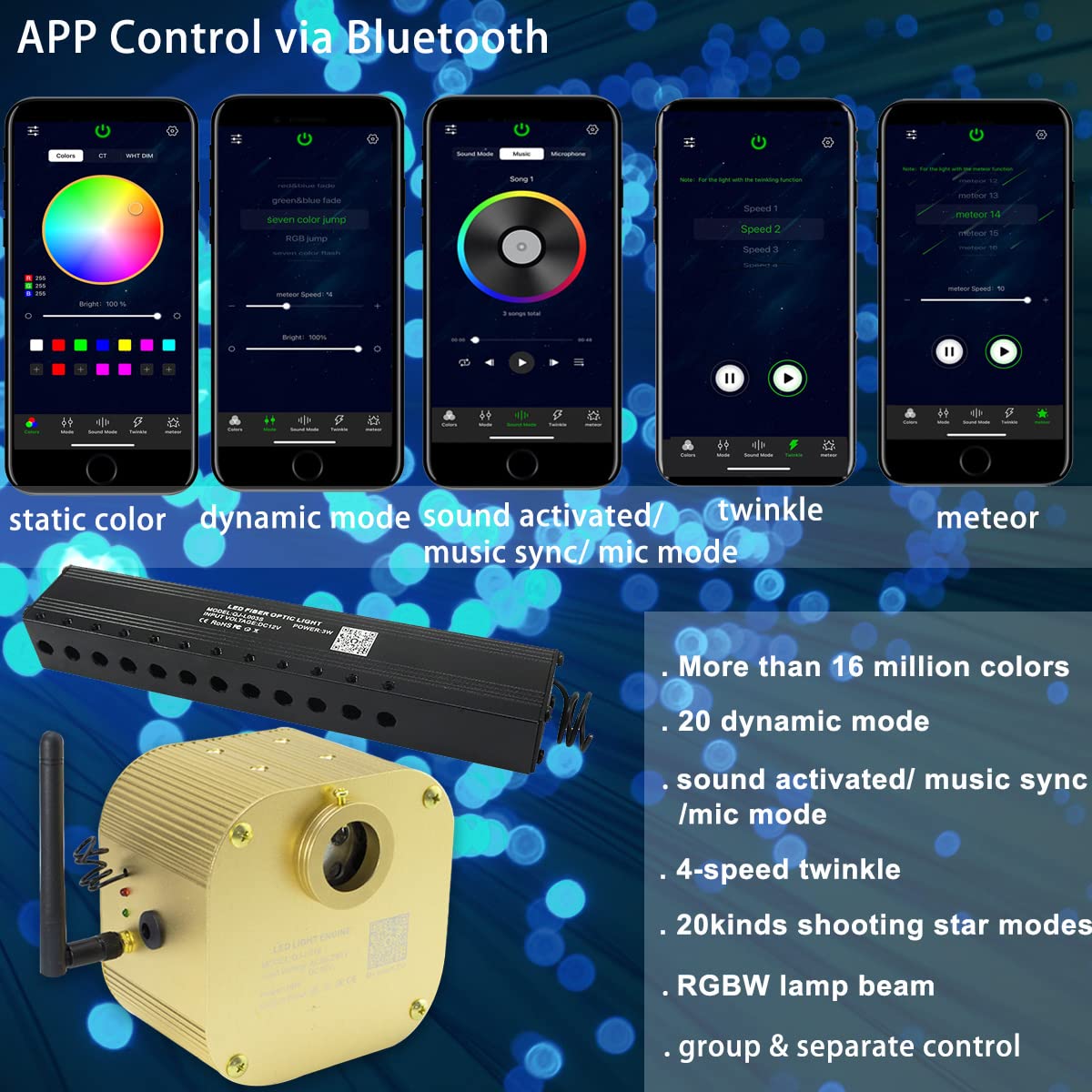 AZIMOM Bluetooth Fiber Optic Light Kit, 16W, 550pcs Strands, Gold, Model QJ-L016, Meteor Effect, Remote Music Mode