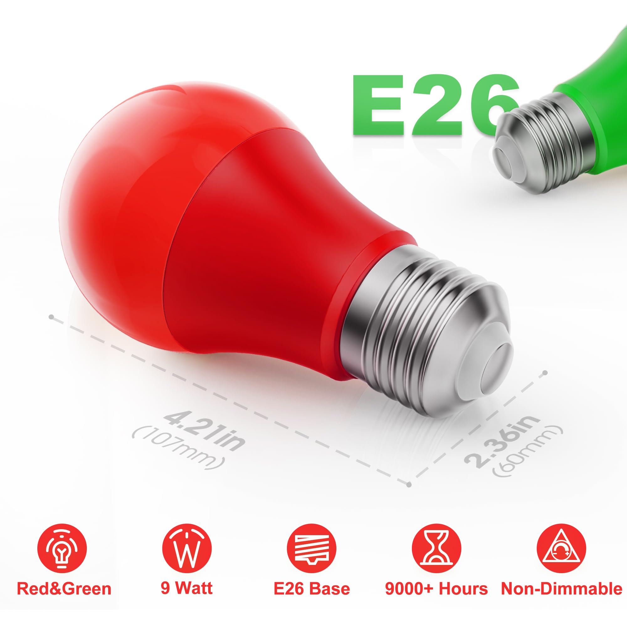 Briignite A19 LED Light Bulbs 2 Pack - Red/Green 9W (60W Equivalent) for Outdoor Christmas Party Decor