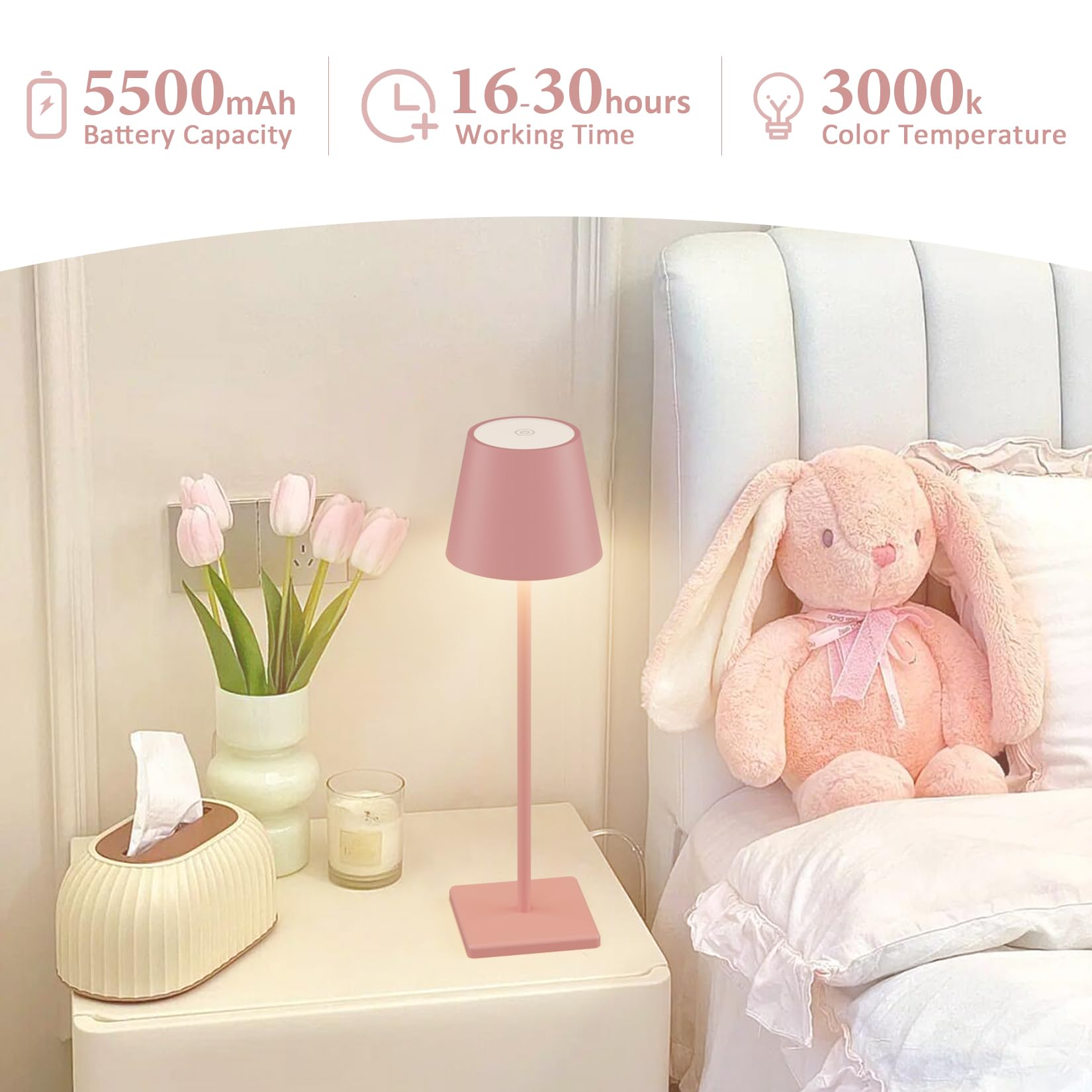 Aoceley LED Cordless Table Lamp, Rechargeable, 3W, 5500mAh, Stepless Dimming, 2-Pack, Pink, Model HT-010