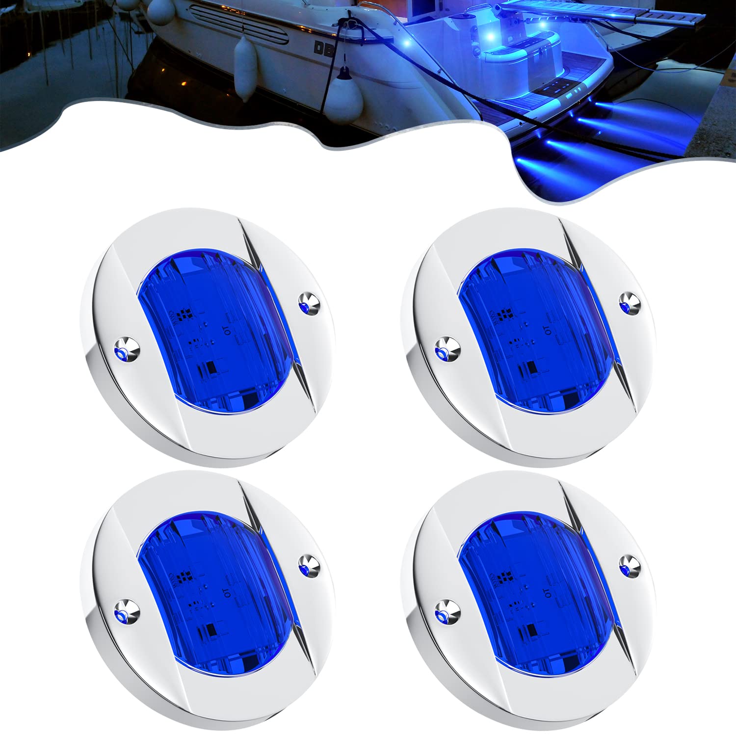 PSEQT 4pc LED Boat Deck Lights - Waterproof 12V, 3in Blue Lens, Chrome Plastic, Model PSEQTSE12BB