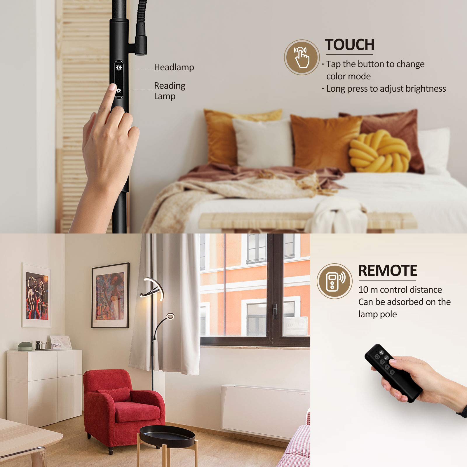 FIMEI Modern LED Floor Lamp, Rotatable Design, Eye-Protection Reading Light, 3000K-6000K, Black, Model MF18813
