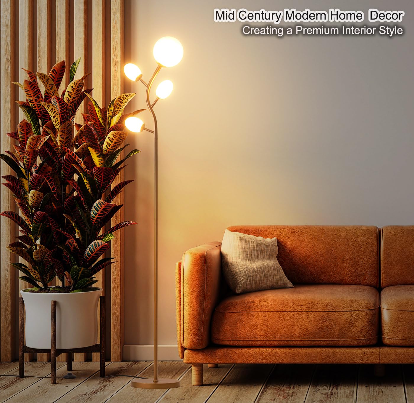 Fiqevs Globe Tree Floor Lamp With 4 Frosted Glass Shade & Led Bulbs, Mid Century Modern Standing Lamp 2700K Warm Light, Vintage