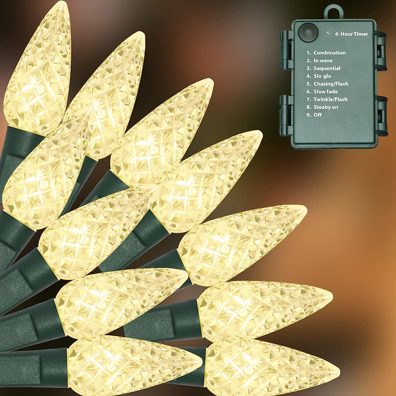 LAMPHOME C6 Battery Operated Christmas Lights, 50 LED, 17FT, 8 Modes, Warm White, 2 Pack