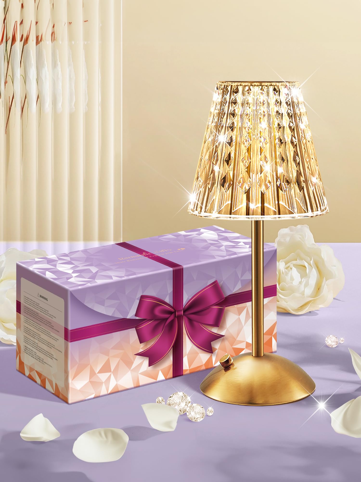 One Fire Table Lamp?Gifts Package?, Dimmable Cordless Lamp, 3 Colors Gold Lamp,Touch Lamp Diamond Crystal Lamp, 2000mAh Battery 