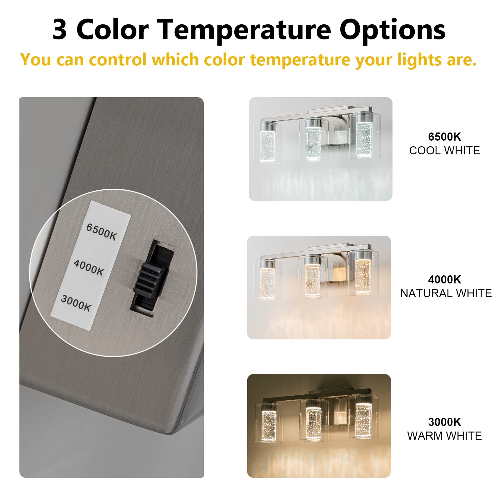 Sinerise 3-Light Brushed Nickel Vanity Light With 3 Color Modes (3000K/4000K/6000K), Eye Protection Led Bathroom Light Fixture,