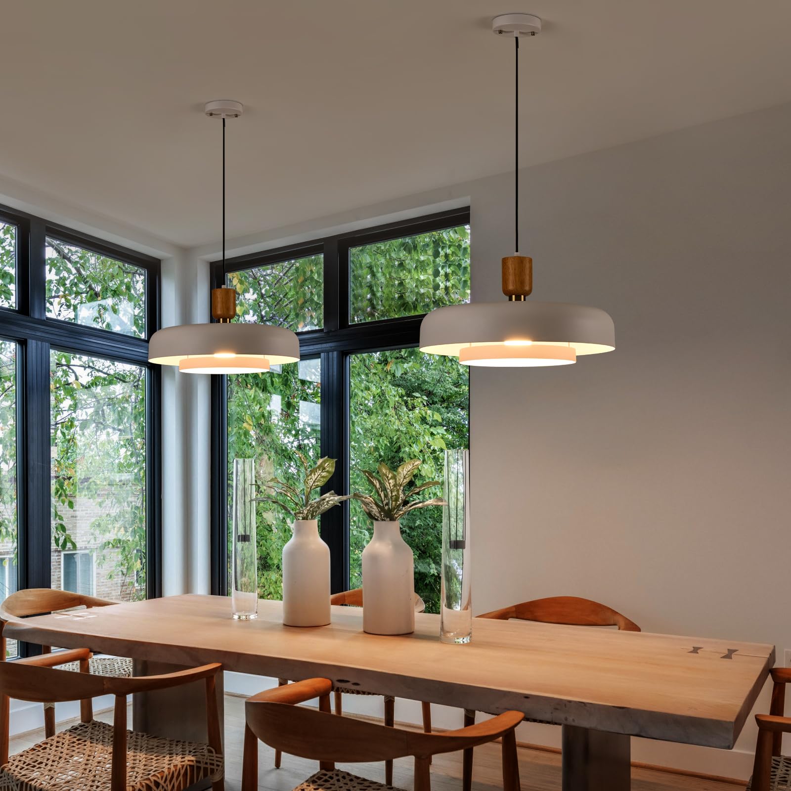 Modern Large Pendant Light 19.68 Inch, 2 Tiers Matte White Shade, Natural Wood And Brass Accent, Mid Century Chandelier For Kitc