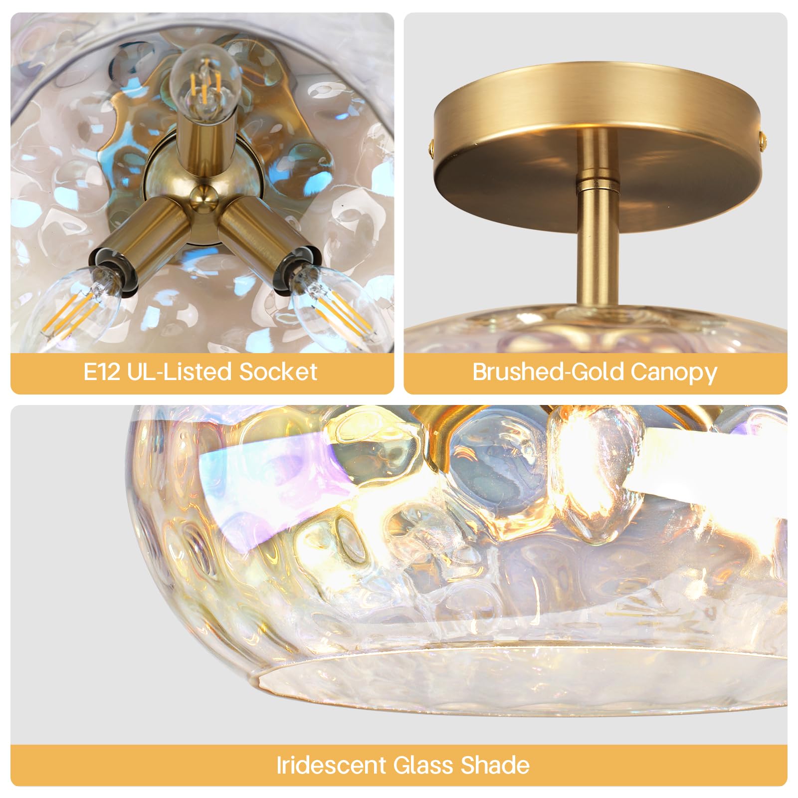 Clarsyne 12 Iridescent Rainbow Hammered Glass Ceiling Light  3-Light Semi Flush Mount Fixture  Modern Gold Lighting For Bedroom  Hallway  Kitchen  Dining Room  Living Room  Foyer
