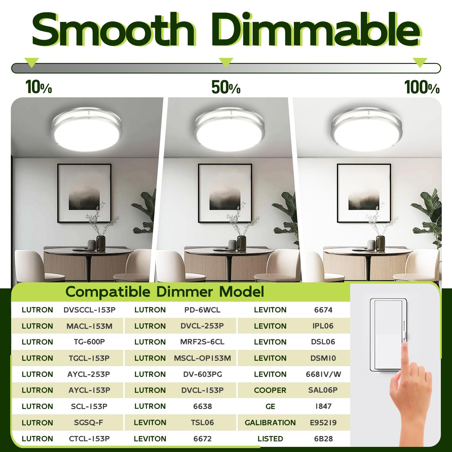 hykolity LED Flush Mount Ceiling Light, 16 inch, Brushed Nickel, 36W, 2200LM, Model HBCE-16C-N5CCT, Dimmable
