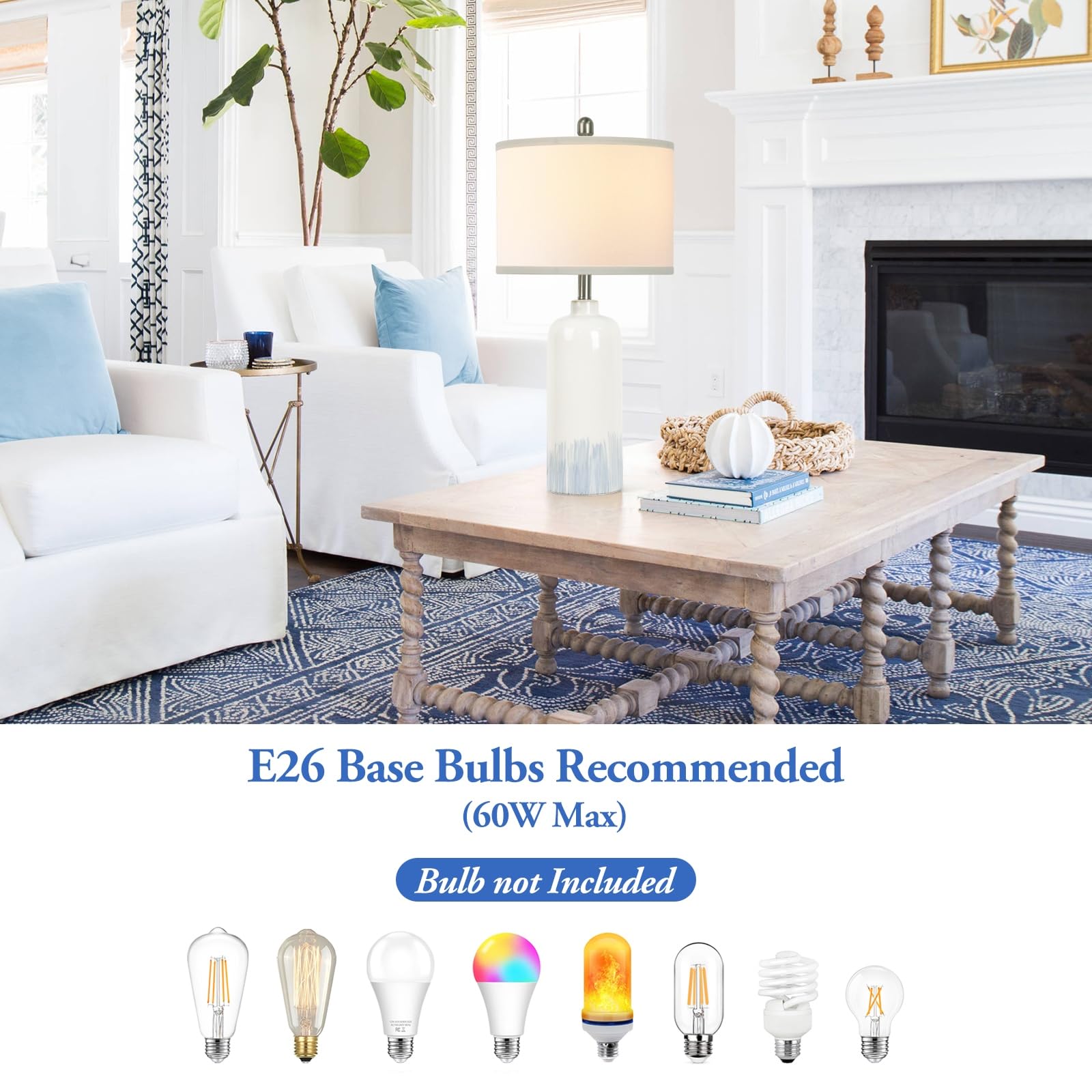 Sucolite 26&quot; Blue & White Ceramic Table Lamps Set Of 2 - Coastal Living Room & Bedroom Decor