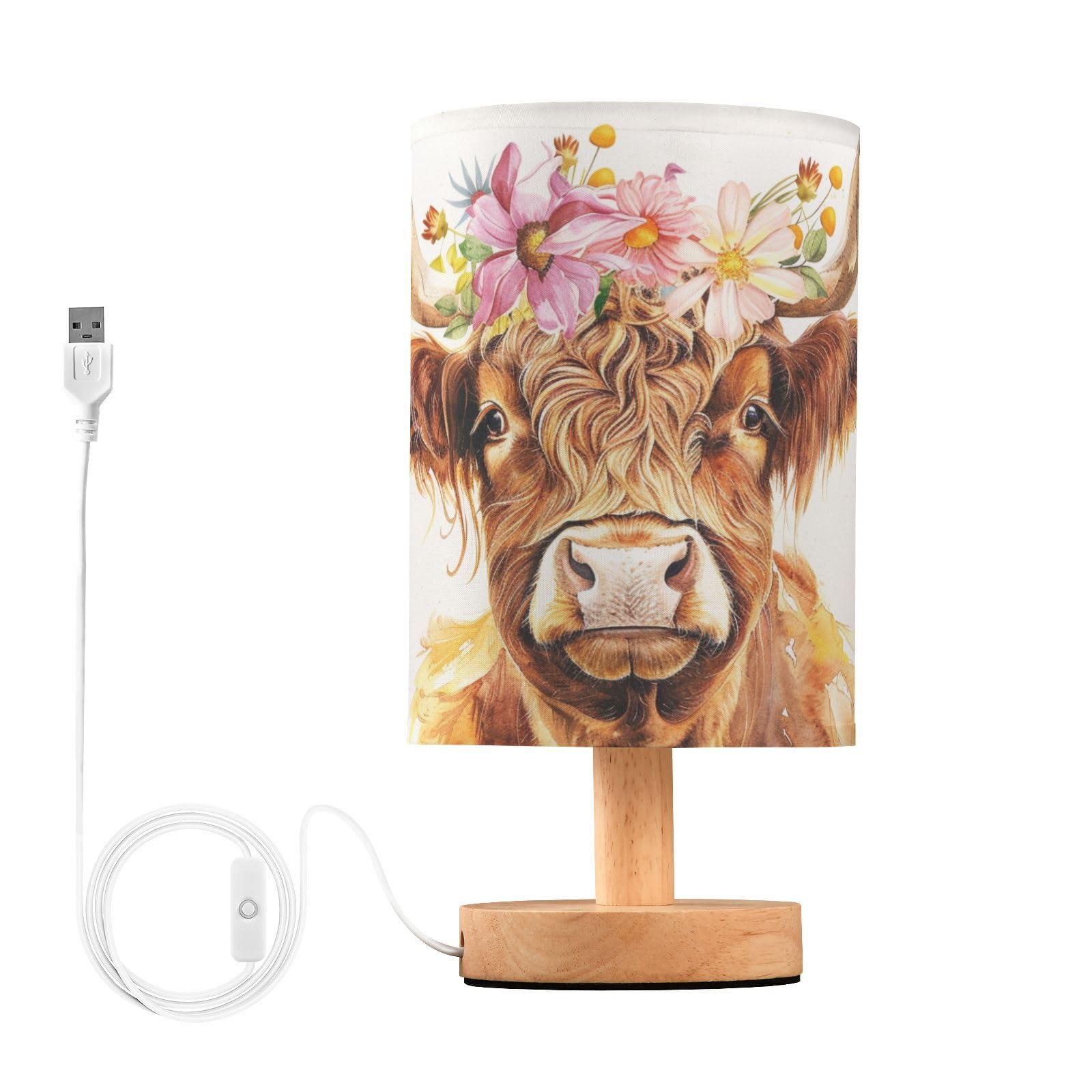 Oarencol Bedside Table Lamp Cute Highland Cow Flowers Nightstand Lamp with Wood Desk Lamps for Bedroom Living Room Nursery Offic