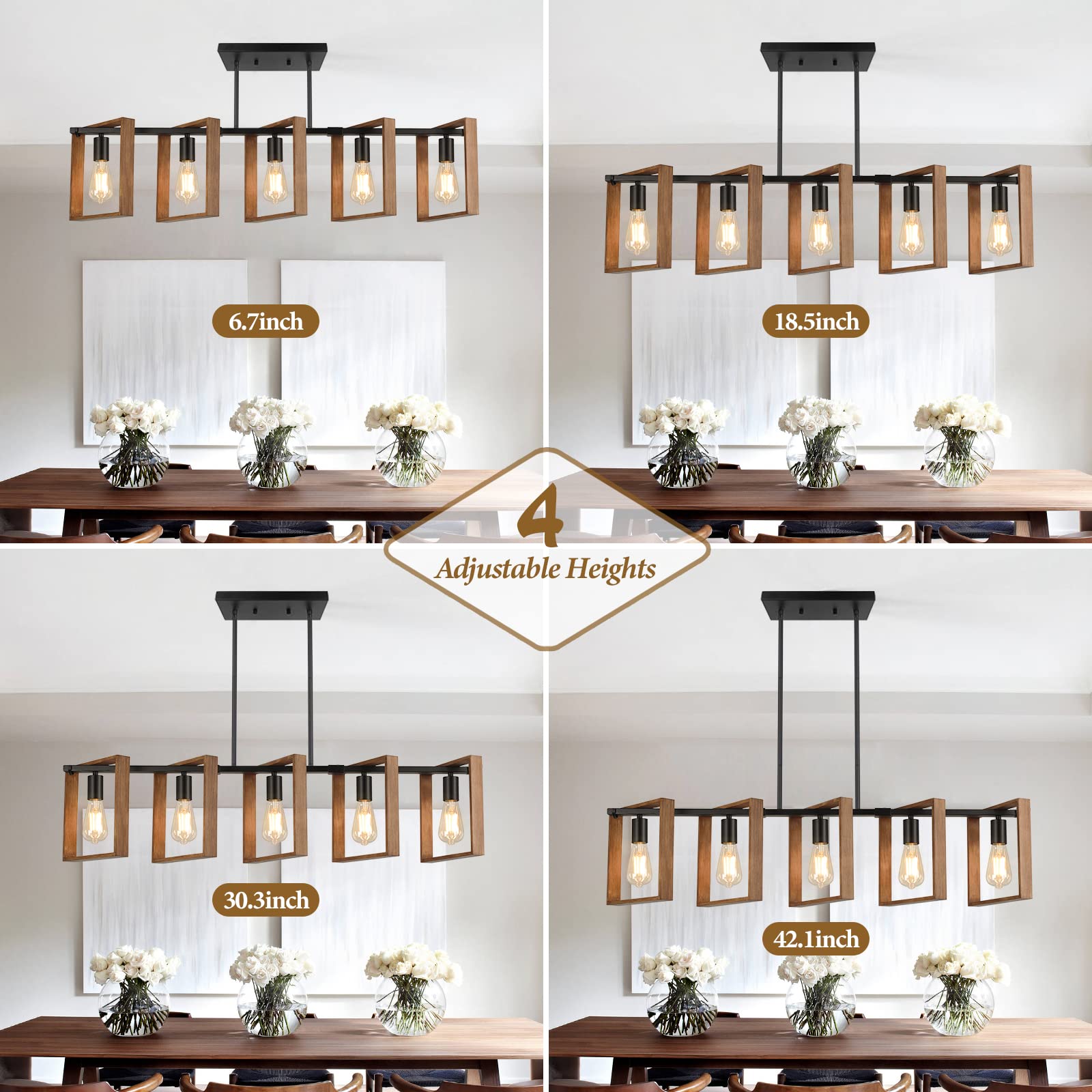 53’’ Farmhouse Kitchen Island Lighting, 5-Light Adjustable Dining Room Light Fixtures, Rustic Wood Chandeliers Black Hanging Light Fixtures For Kitchen, Pool Table Lights, Bulbs Not Included