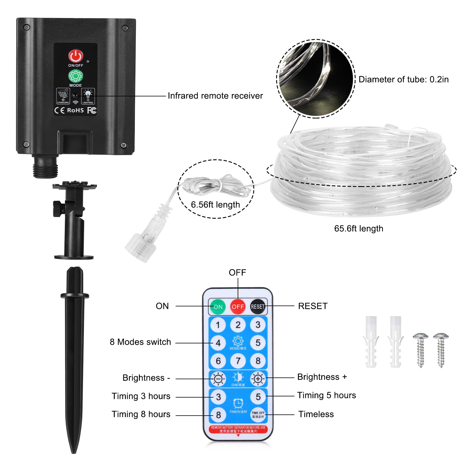 Wind Star Solar Rope Lights, 72Ft 200 Leds Dimmable Solar String Lights Outdoor With Remote, 8 Modes Tube Lights Ip67 Waterproof For Yard Patio Garden Tree Fence Party, White