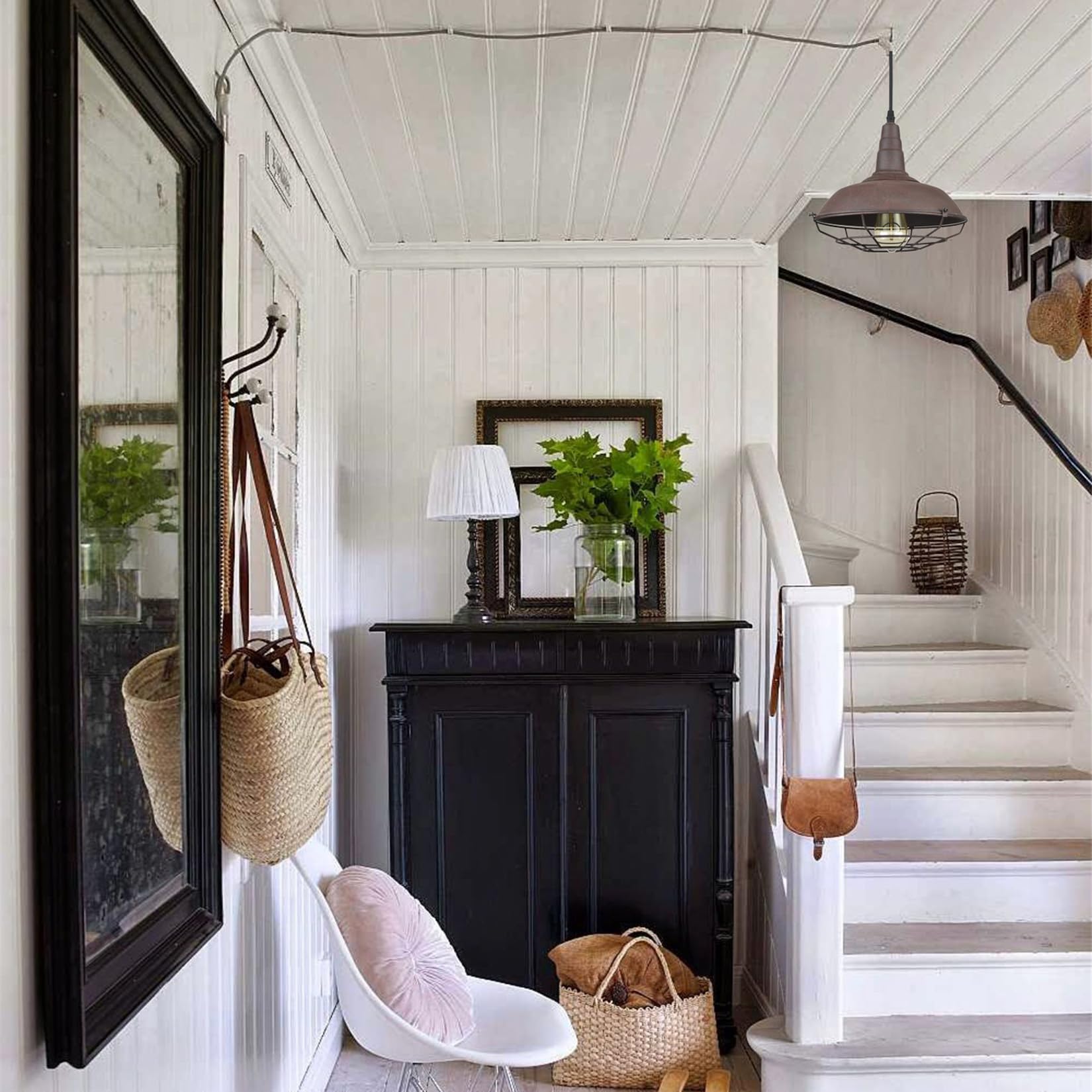 Daycent Nautical Farmhouse Plug-In Pendant Light Barn Metal Wire Caged Swag Light Fixture With On/Off Switch On Plug-In Cord, Ru