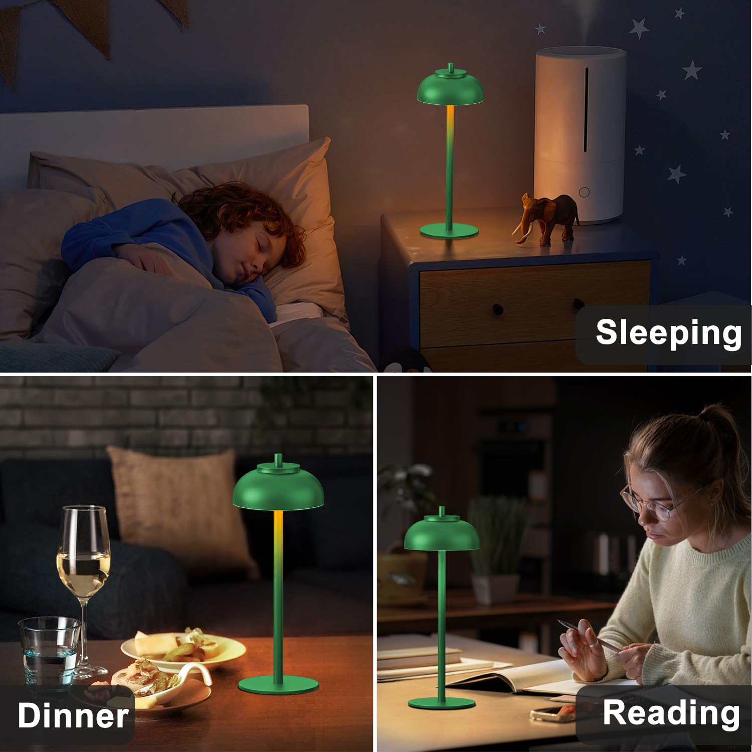 Moragin Green Cordless Table Lamps Set of 2, Rechargeable, IP65 Waterproof, Touch Control, Battery Operated, Metal