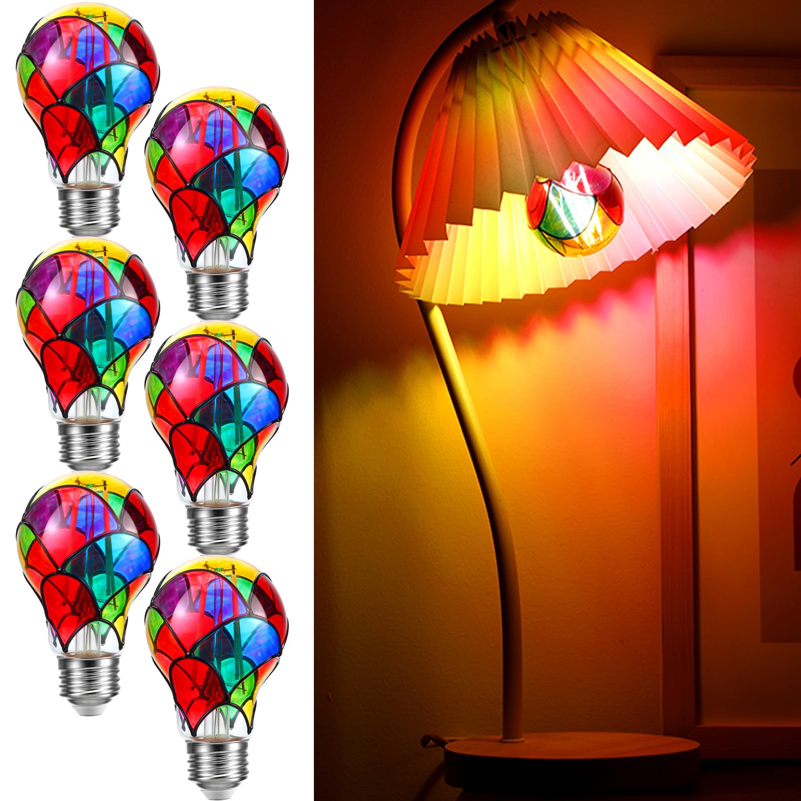 Vihose 6 Pcs Stained Glass Light Bulb E26 Led Multicolor Bulbs Vintage Rainbow Light 6W For Home Lighting Balcony Festive Atmosp