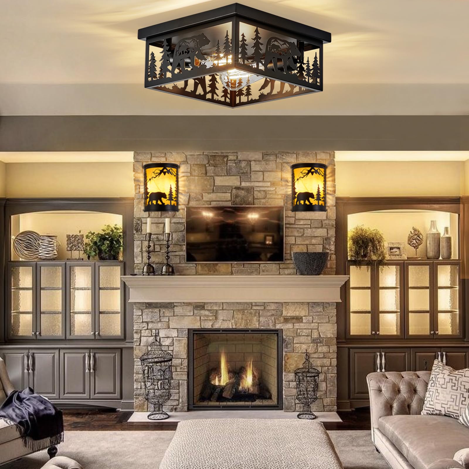 Monyohame Farmhouse Rustic Bear Ceiling Light Fixtures, Vintage Metal Cage Light Perfests For Kitchen,Living Room, Bedroom, Balc