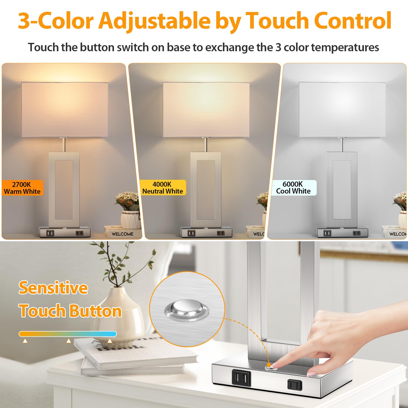 22 Touch Control Table Lamps Set Of 2, 3 Color Temperatures Bedroom Bedside Lamps, Modern Silver Dimmable Lamps With Usb Ports &