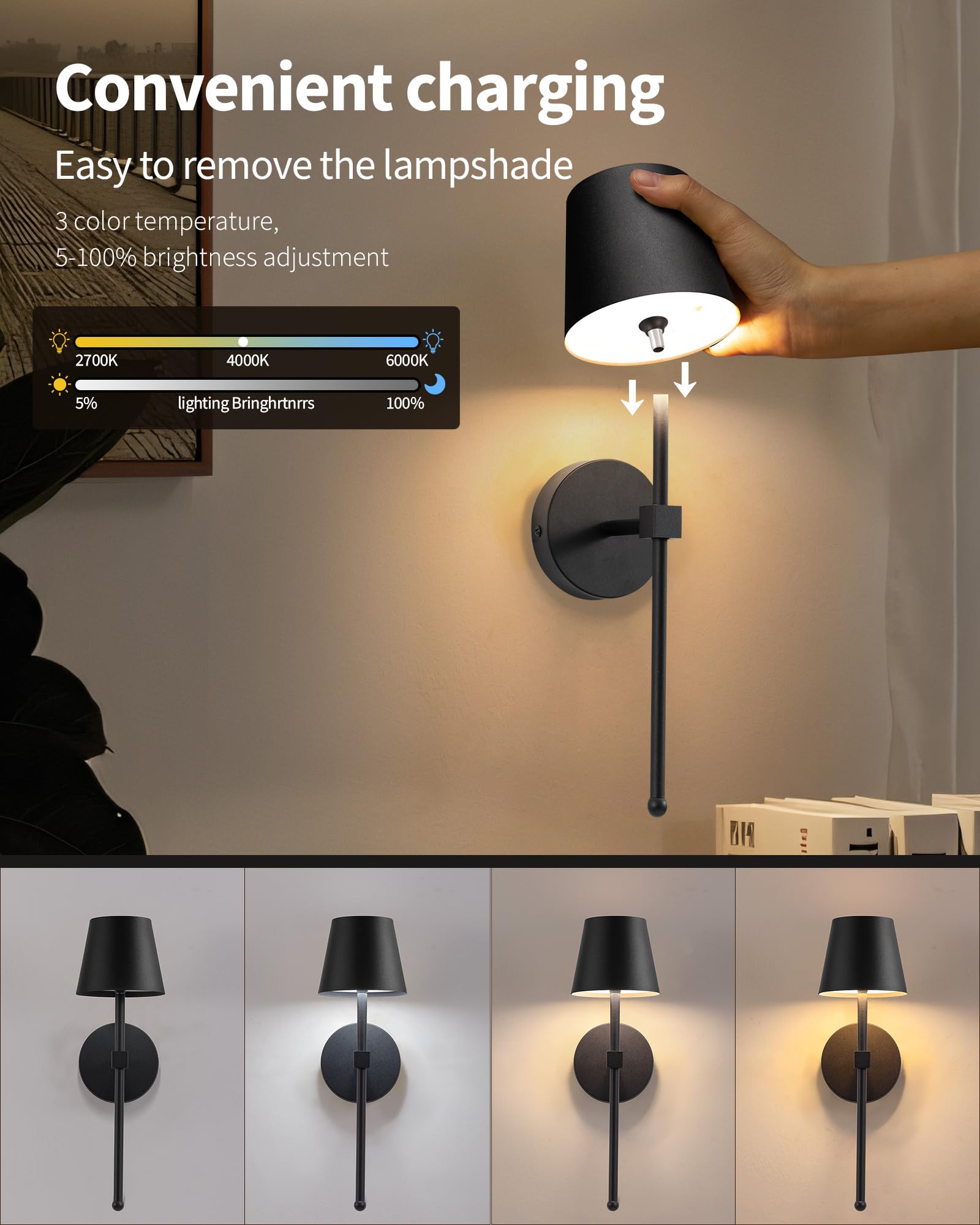 KDG Wireless Wall Sconces Set of 2, Small Rechargeable LED Lamps, Stepless Dimming, Black, Model AMZ-TBL-036, Perfect for Living Room & Bedroom