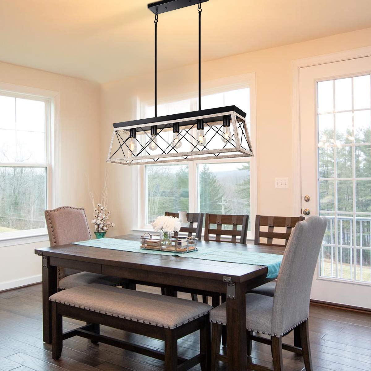 Merbotin 5-Light Farmhouse Kitchen Island Chandelier - Distressed White Wood Rustic Pendant Light