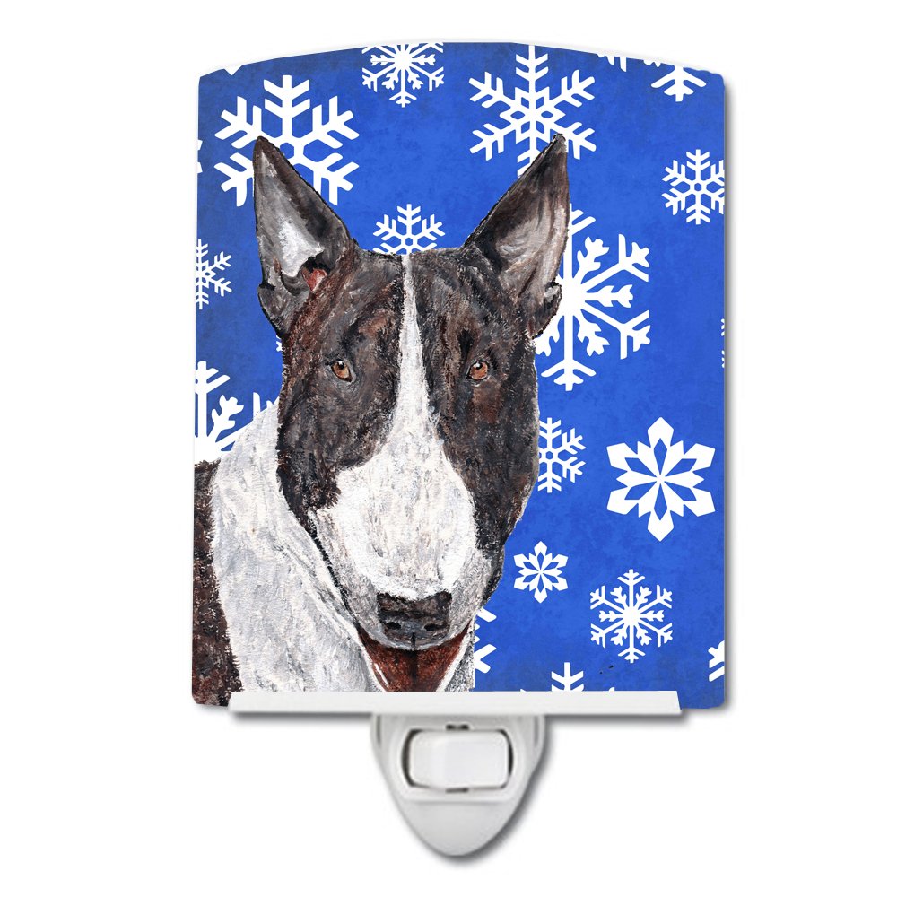 Caroline'S Treasures Sc9603Cnl Bull Terrier Winter Snowflakes Ceramic Night Light Compact, Ul-Certified, Ideal For Bedroom, Bathroom, Nursery, Hallway, Kitchen, 6X4X3, Multicolor