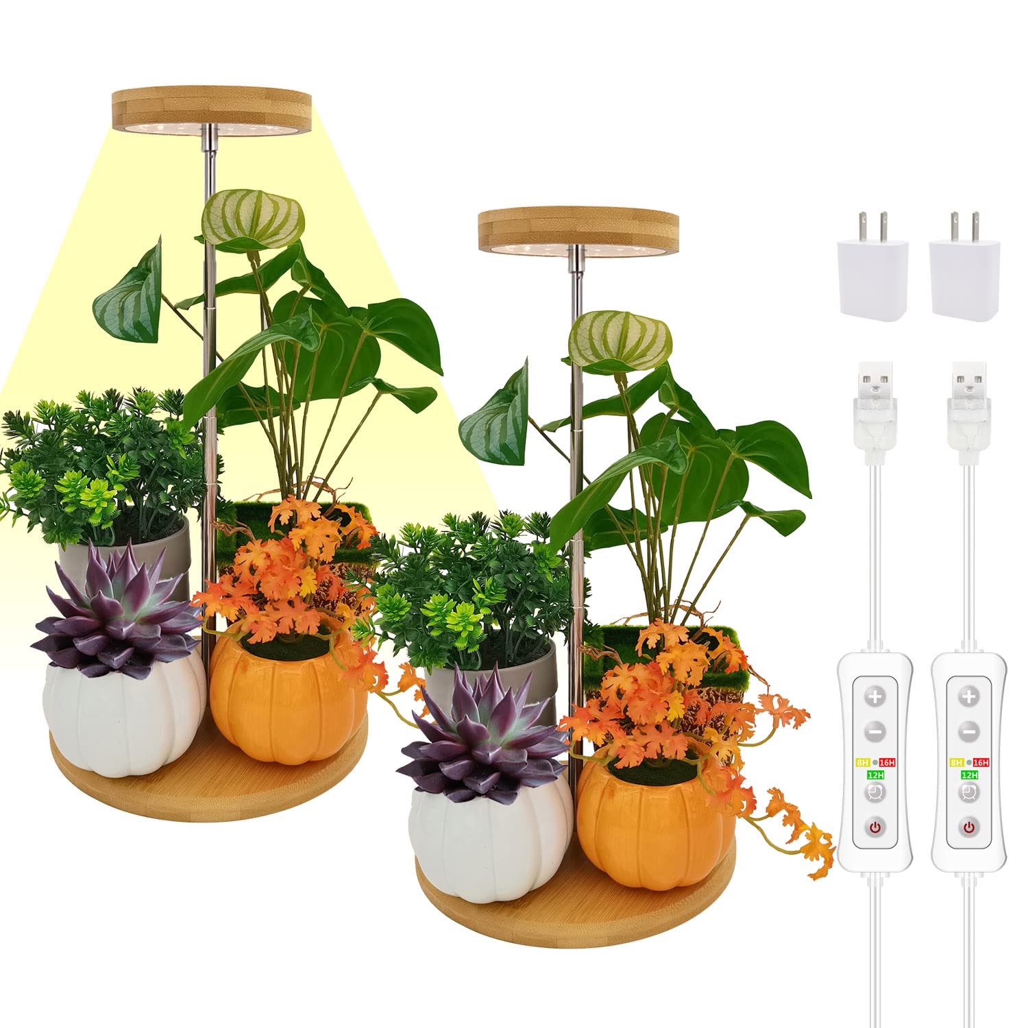 Yadoker Plant Grow Light For Indoor Plant,Bamboo Mini Led Grow Light Garden,Height Adjustable,Automatic Timer With 8/12/16 Hours