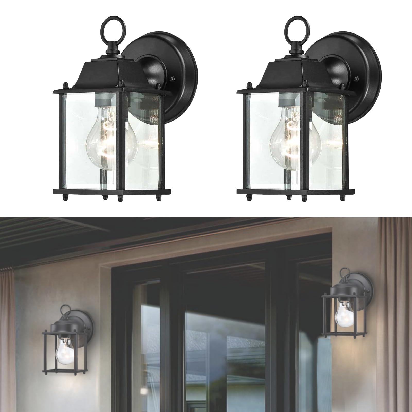 WISBEAM 2 Packs Outdoor Wall Lantern, Black Exterior Waterproof Wall Sconce for House, Aluminum Housing Plus Glass, Wet Location