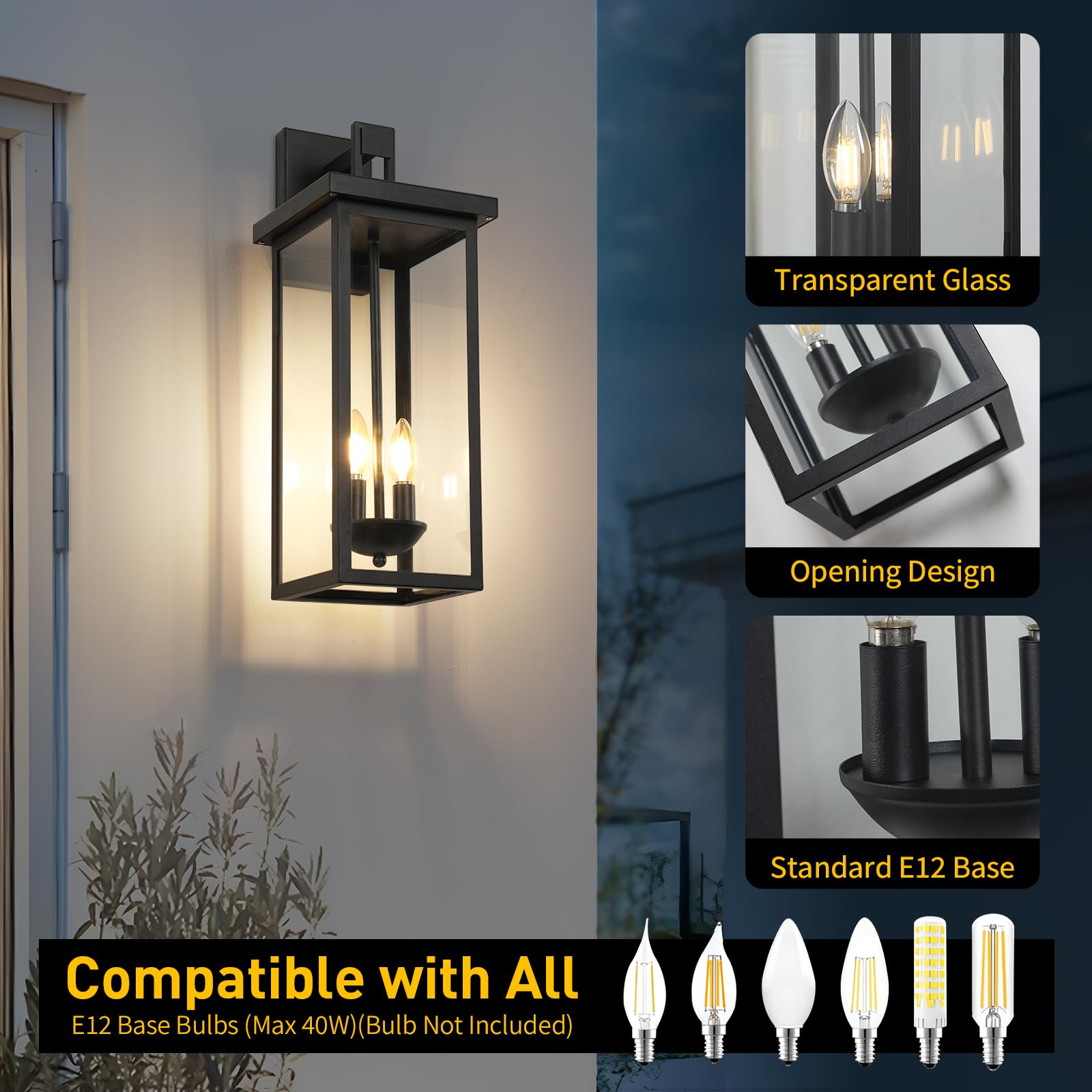 Tewei 1 Pack Large Size Outdoor Wall Lantern Exterior Wall Light Fixture, 22 Inch Matte Black Porch Light Waterproof Outdoor Lig