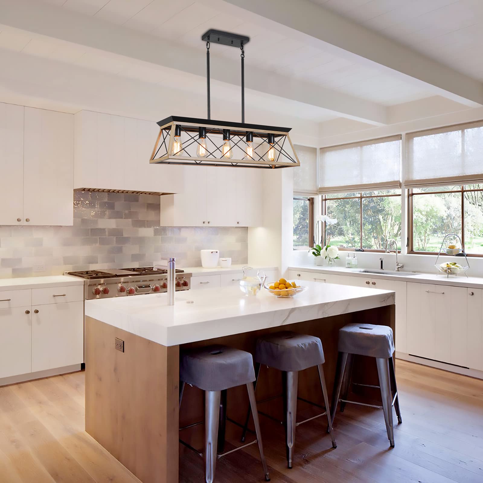 XIPUDA 5-Light Linear Pendant Chandelier, Rustic Metal Fixture for Dining Room, Oak Finish, Model XPD-0021