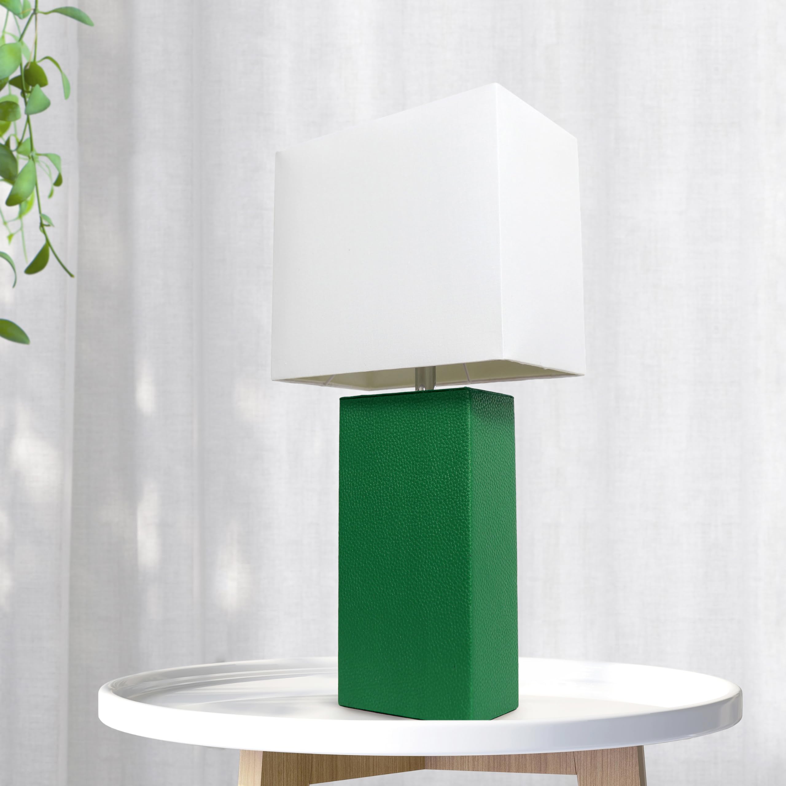 LALIA HOME Modern Bedside Table Lamp, 21in, Leather Base, White Fabric Shade, Green, Model LHT-3008