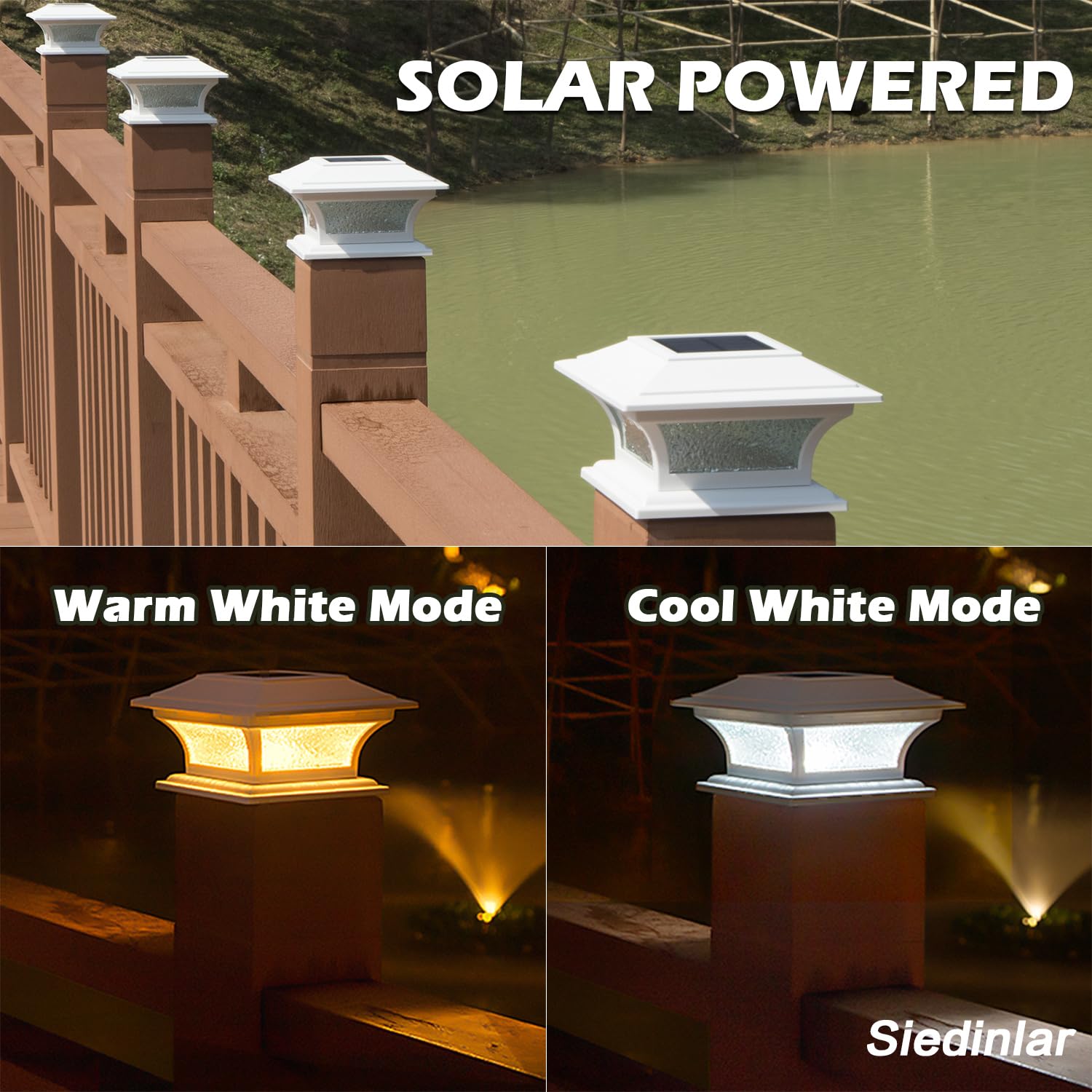 Siedinlar Solar Post Lights Outdoor Glass Led Fence Cap Light 2 Modes For 4X4 5X5 6X6 Posts Patio Deck Garden Decoration Warm Wh
