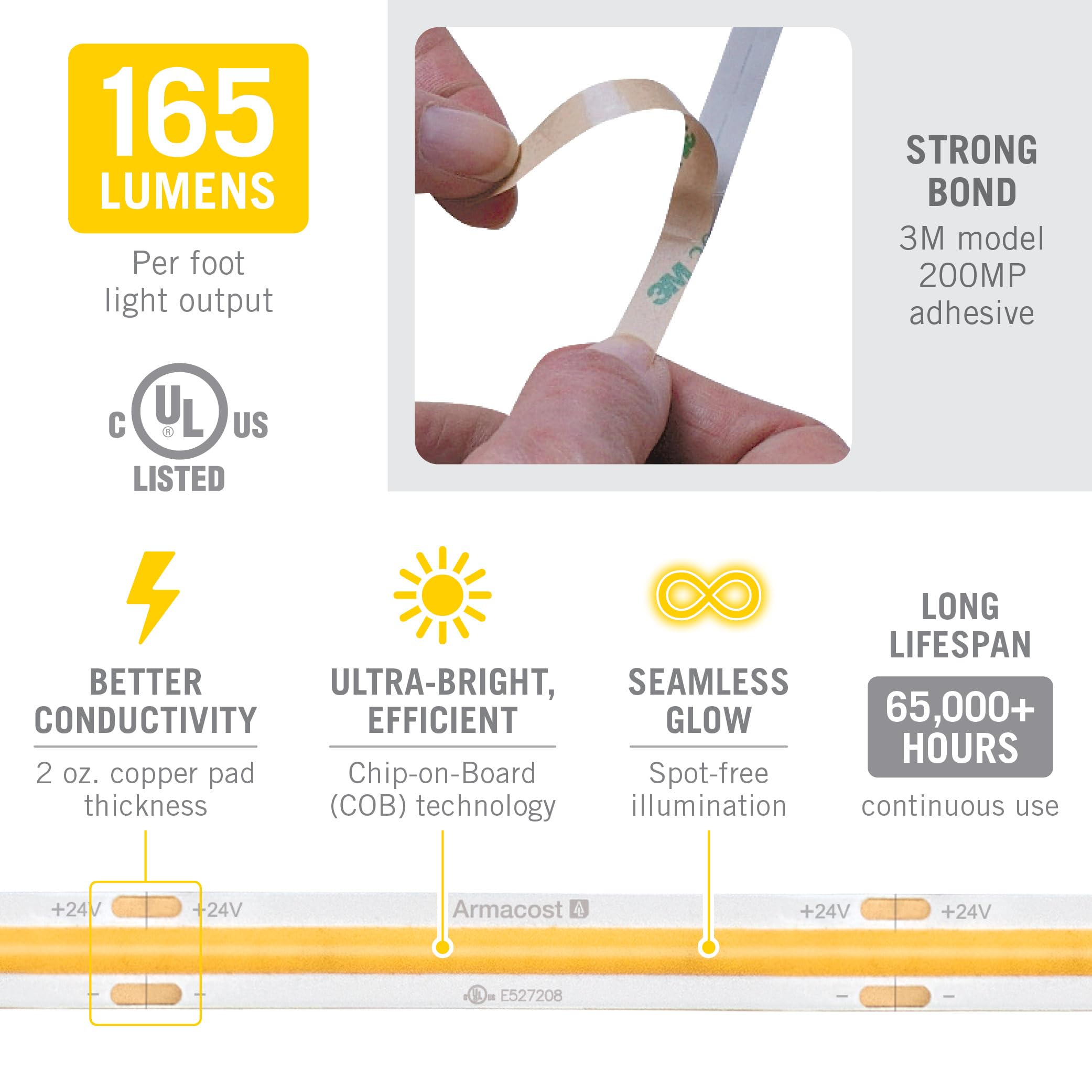Armacost Lighting Ribbonflex Pro 24V White Cob Led Strip Light Tape 4000K  165 Lumens/Ft  2.5M 171310