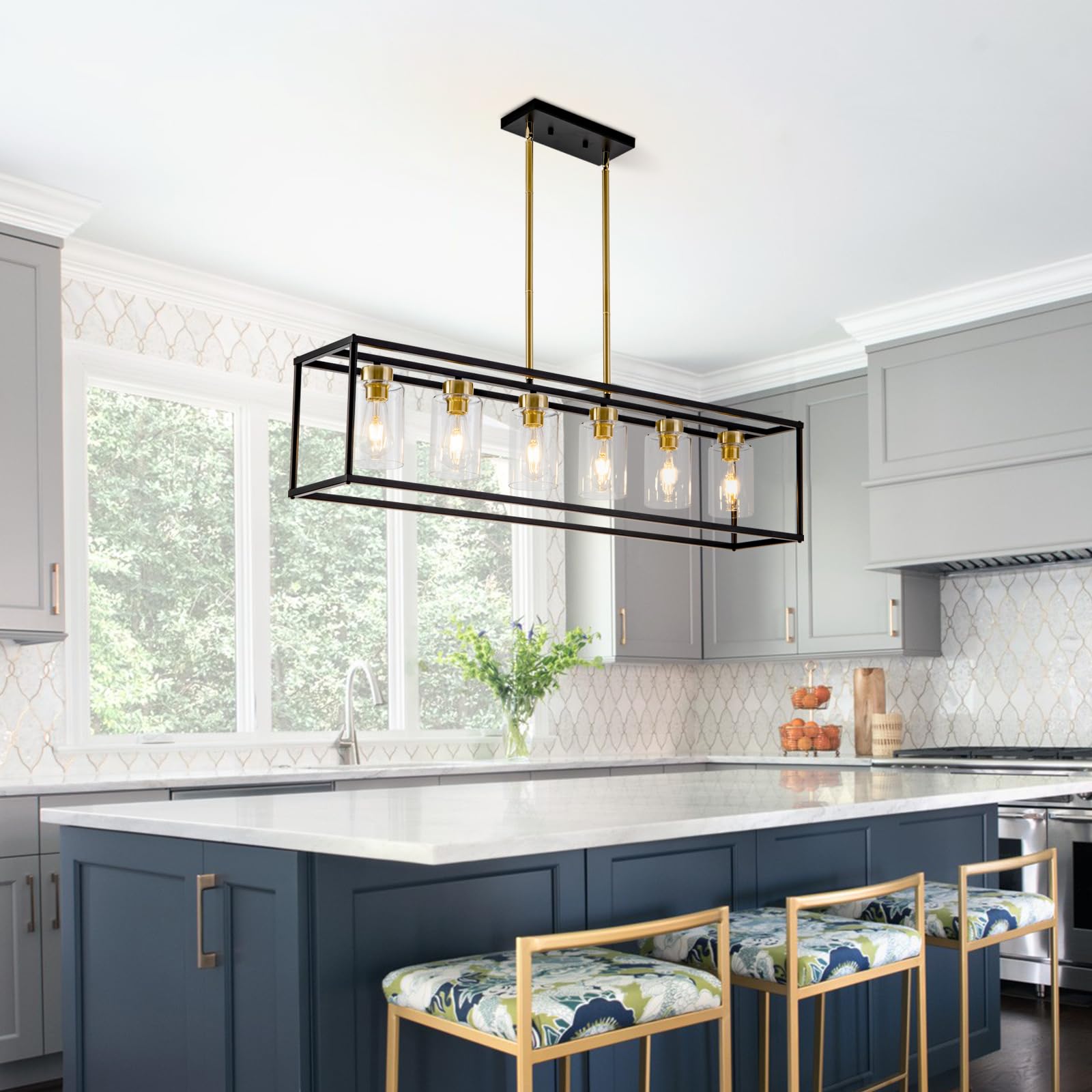 Hccz 6-Light Modern Chandelier, Black & Brushed Brass, Glass Shade For Dining Room & Kitchen