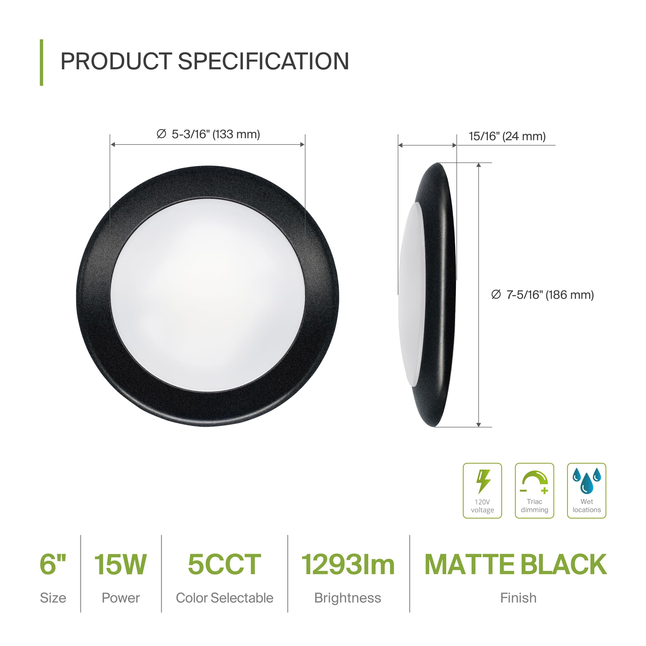 ASD LED Disk Lights 6 Inch 15W 5CCT Dimmable Matte Black Metal Housing Model A-LDS-6D15MB-6p