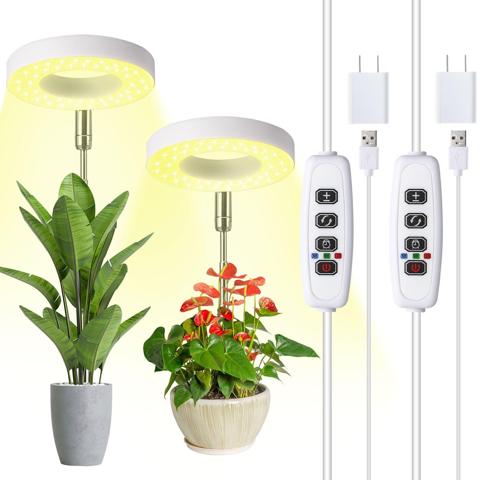 Halo Ring Grow Lights For Small Indoor Plants, Warm+White 96Leds Full Spectrum Plant Light, Height Adjustable With 5V 2A Adapter, 3/9/12H Timer, 3 Spectral Modes, 10 Dimmable Levels, Angel Ring 2 Pack