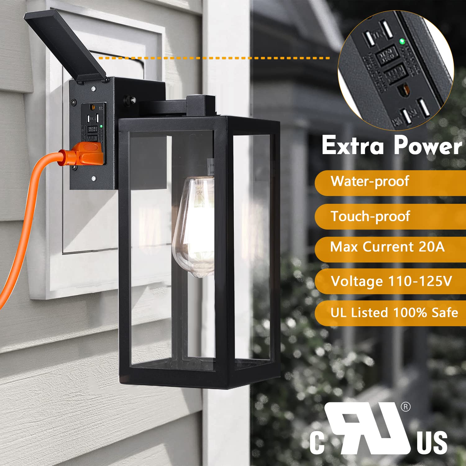 BrightWe Outdoor Wall Lanterns, Waterproof Dusk to Dawn Sconces, GFCI Outlet, Metal, 2-Pack, Black, Model WL22015