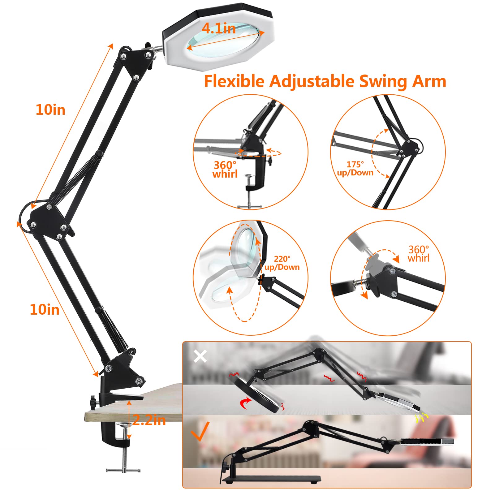 10X Magnifying Glass With Light And Stand,Kuvrs 2200 Im 3-Color Led Magnifying Lamp, Magnetic Helping Hands, Adjustable Arm Large Base & Clamp Magnifier With Light For Soldering Craft Hobby Close Work