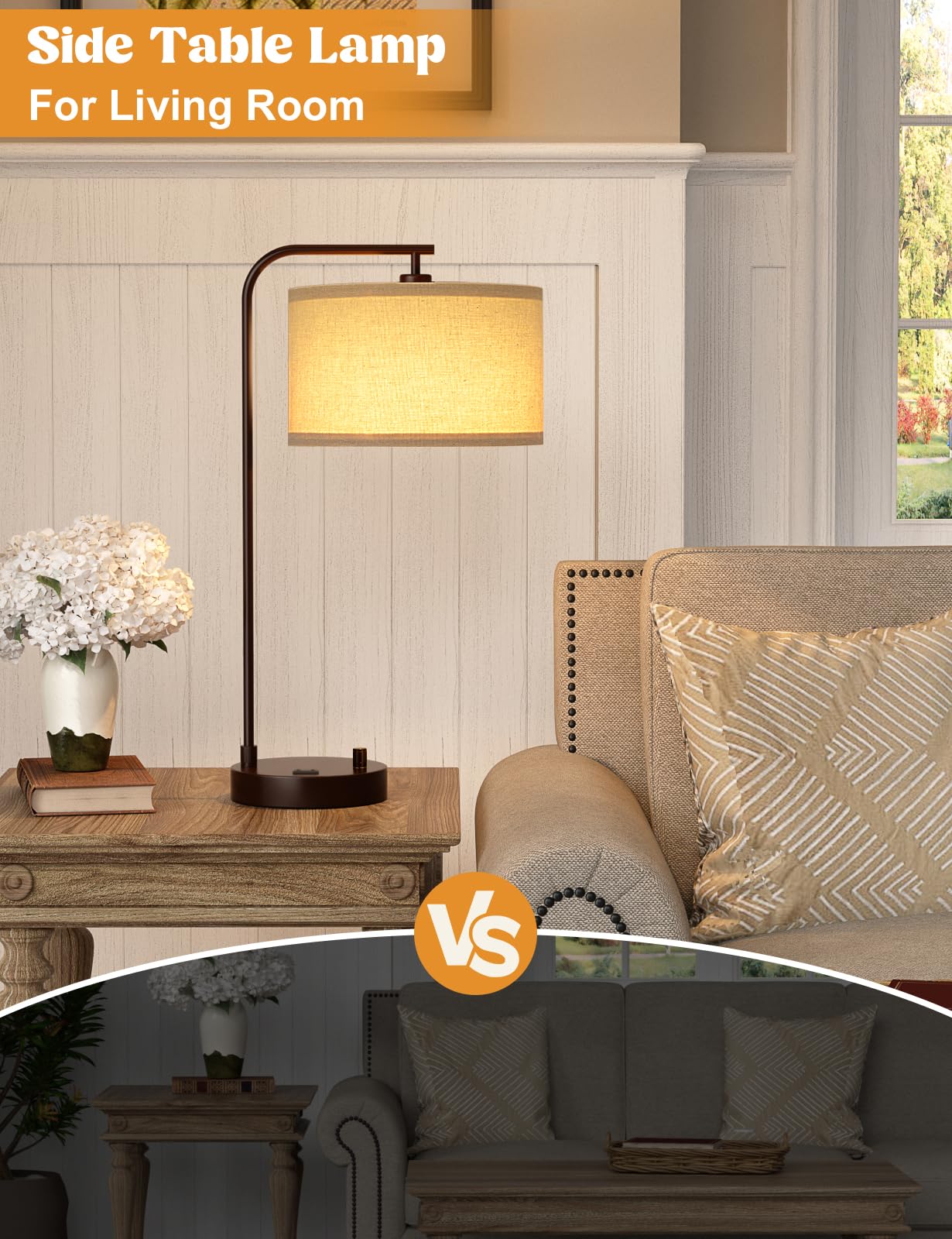 Brown Side Table Lamp With Usb Port And Outlet, Dimmable Nightstand Bedside Lamps With Linen Lampshade, Desk Lamp For Bedroom, L