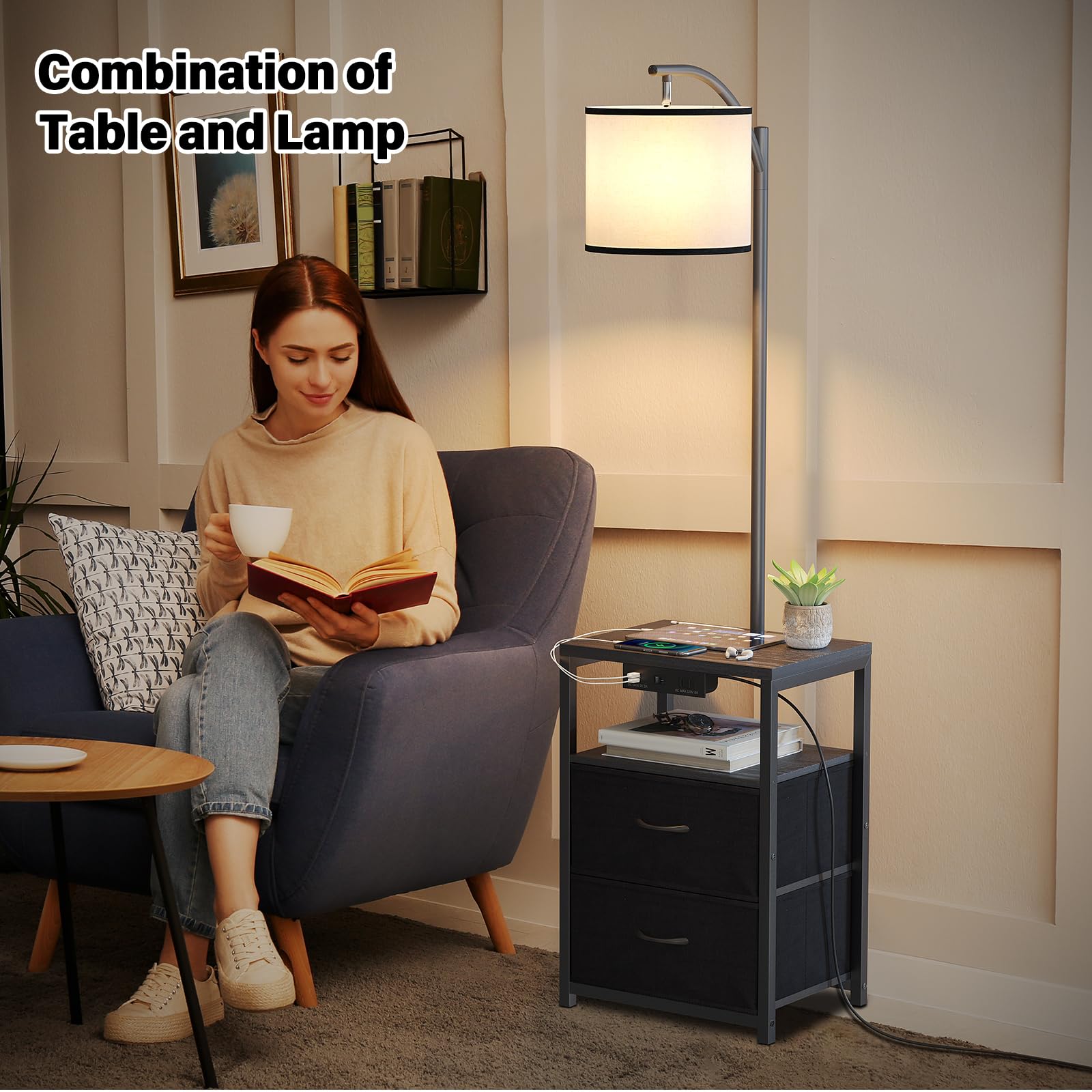 SUNMORY Floor Lamp with USB Port & Outlet, 3 Color Temp LED Bulb, Black, Wood, Model SR000008, Ideal for Living Room & Bedroom