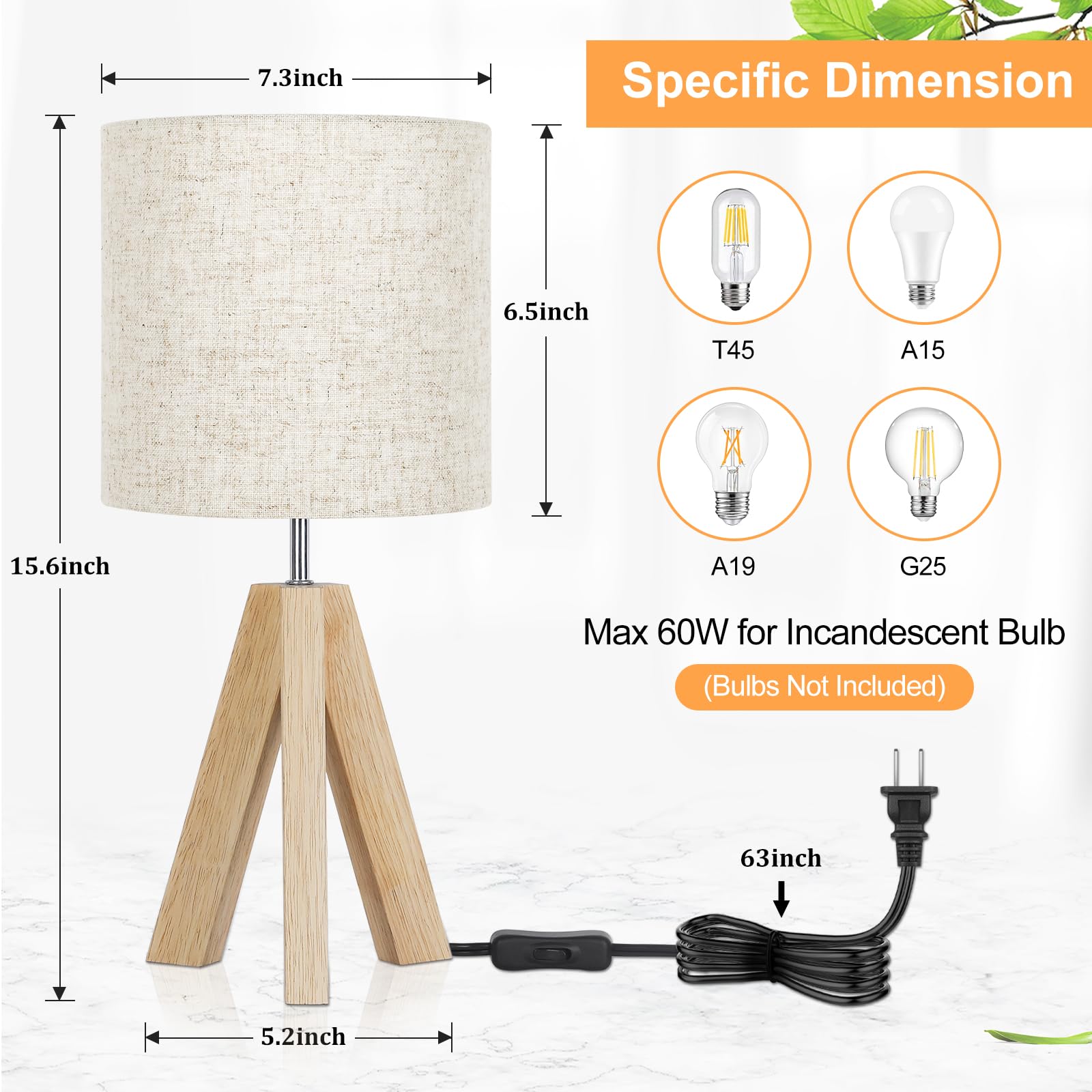 Small Table Lamp, Wooden Tripod Nightstand Lamp With Linen Fabric Shade, Cute Boho Modern Bedside Nightstand Lamp For Bedroom, L
