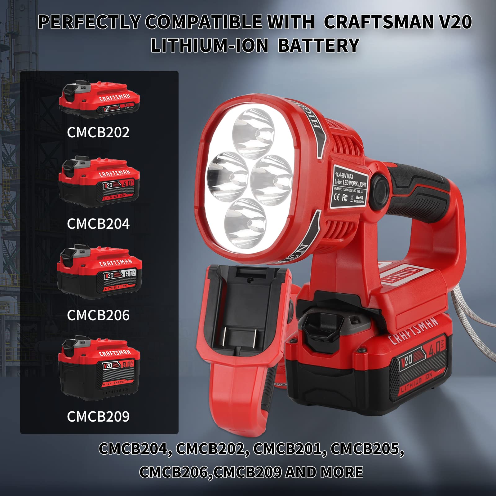 Taingwei 1120Lm Led Work Light For Craftsman V20 Battery,12W Portable Battery Powered Lights Powered By 20V Battery, Rechargeabl