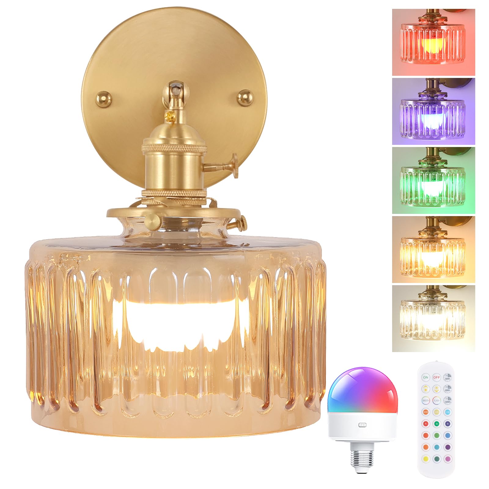 Shenmoyl Vintage Wall Sconce - Amber Striped Glass, Battery Operated, Remote Control, Model f17c9180, 1 Pack