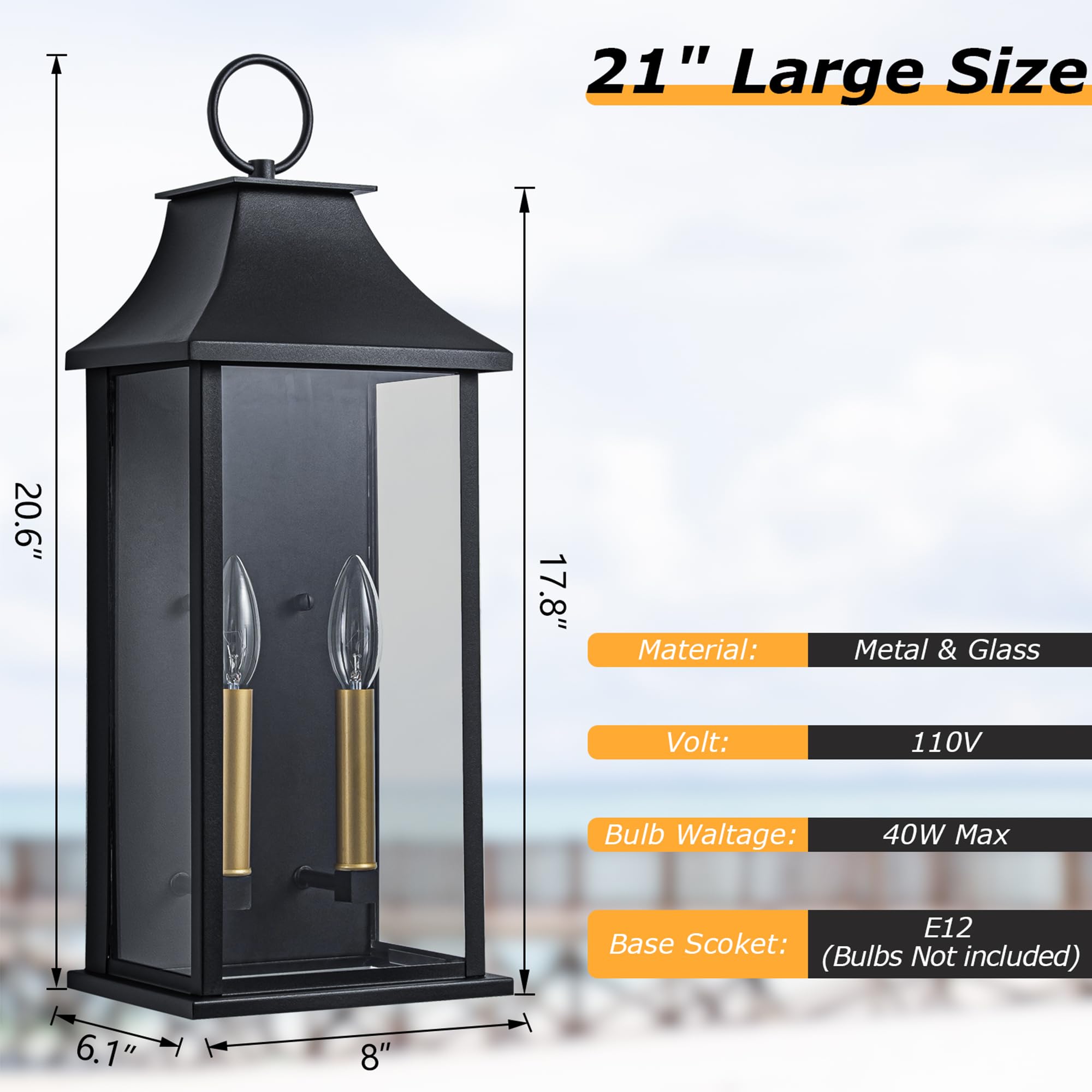 Lawyettle 21" Dusk to Dawn Outdoor Wall Lantern, Black Metal Sconce, Waterproof 2-Light Fixture for House, Porch, Garage - Model XG7008O-W2BK