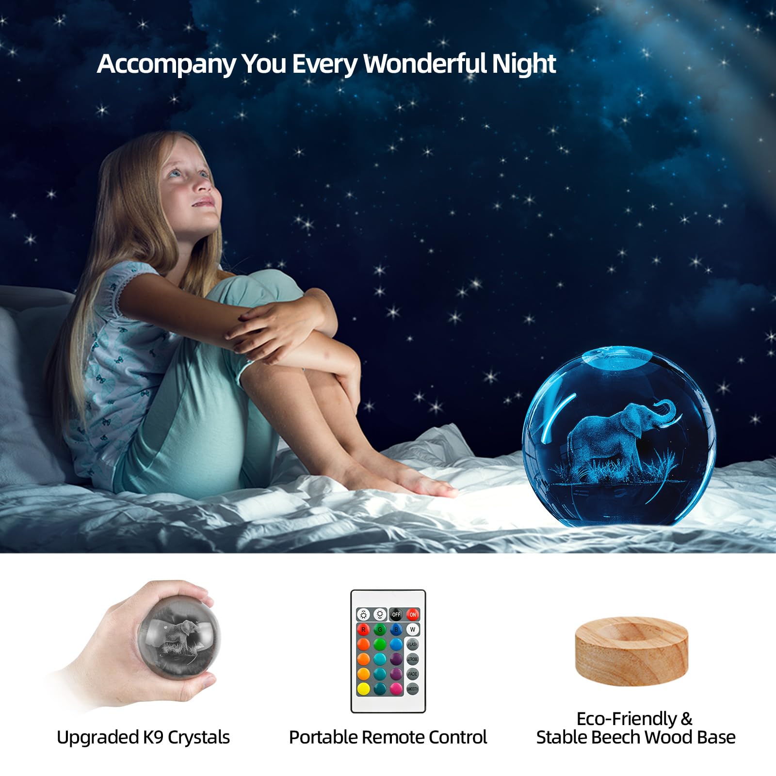3D Elephant Crystal Ball Night Light With 16 Color Wooden Base, Upgraded 3.15 Inch Elephant Glass Ball Lamp With Remote For Birt