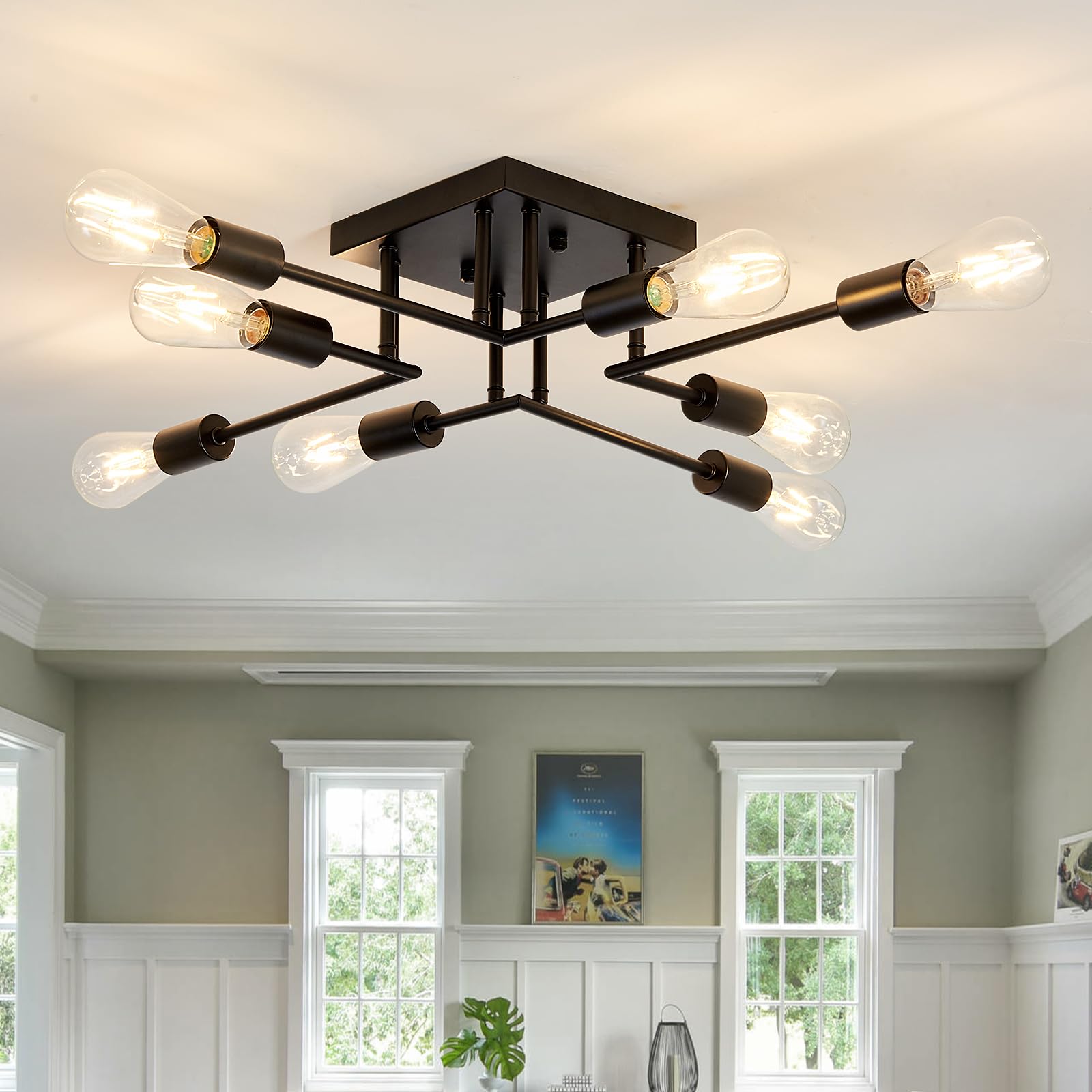 ASGYISA 8-Lights Semi Flush Mount Ceiling Light Fixture Modern Metal Black Sputnik Chandeliers with E26 Bulb Base Close to Ceili