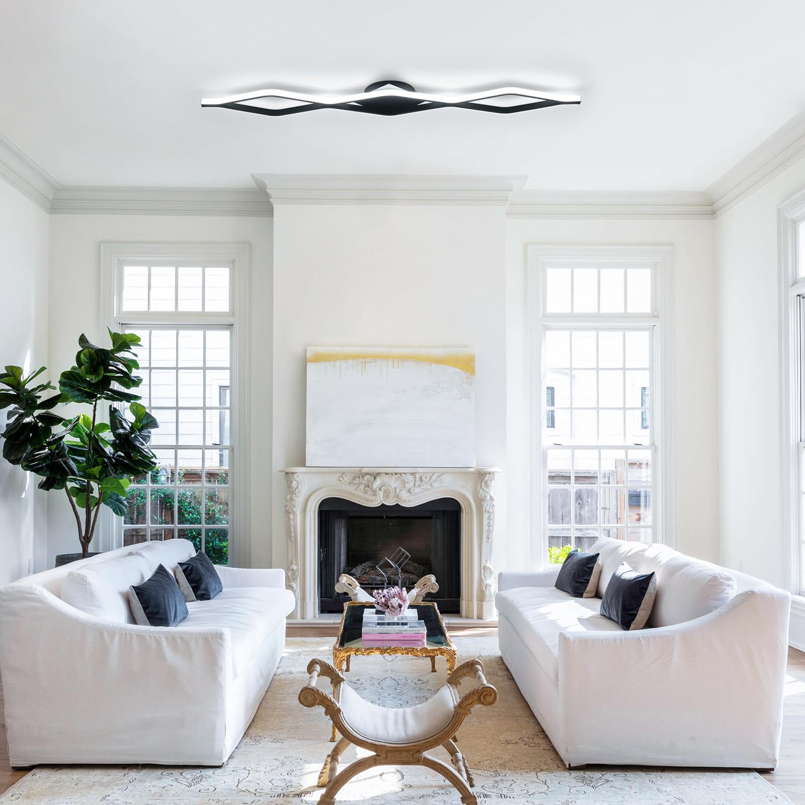 Qcyuui Dimmable Led Ceiling Lights 46.4 Kitchen Lighting Fixtures Ceiling Black Flush Mount Ceiling Light With Remote Linear Ceiling Light For Kitchen Bedroom Dining Room Hallway 24W