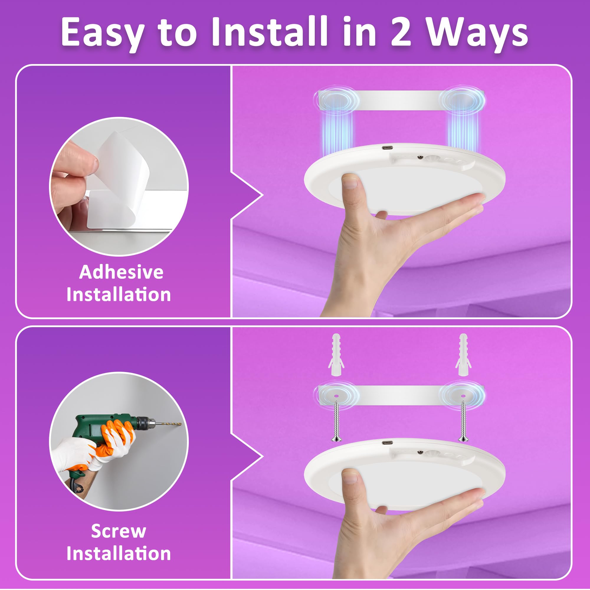 Maylit Shower Lights 2 Pack  Rgbw Rechargeable Ceiling Light  Waterproof Battery Operated Lamp  Wireless Stick On Inside Motion Sensor Mood Led Lighting For Bathroom No Wiring  Indoor