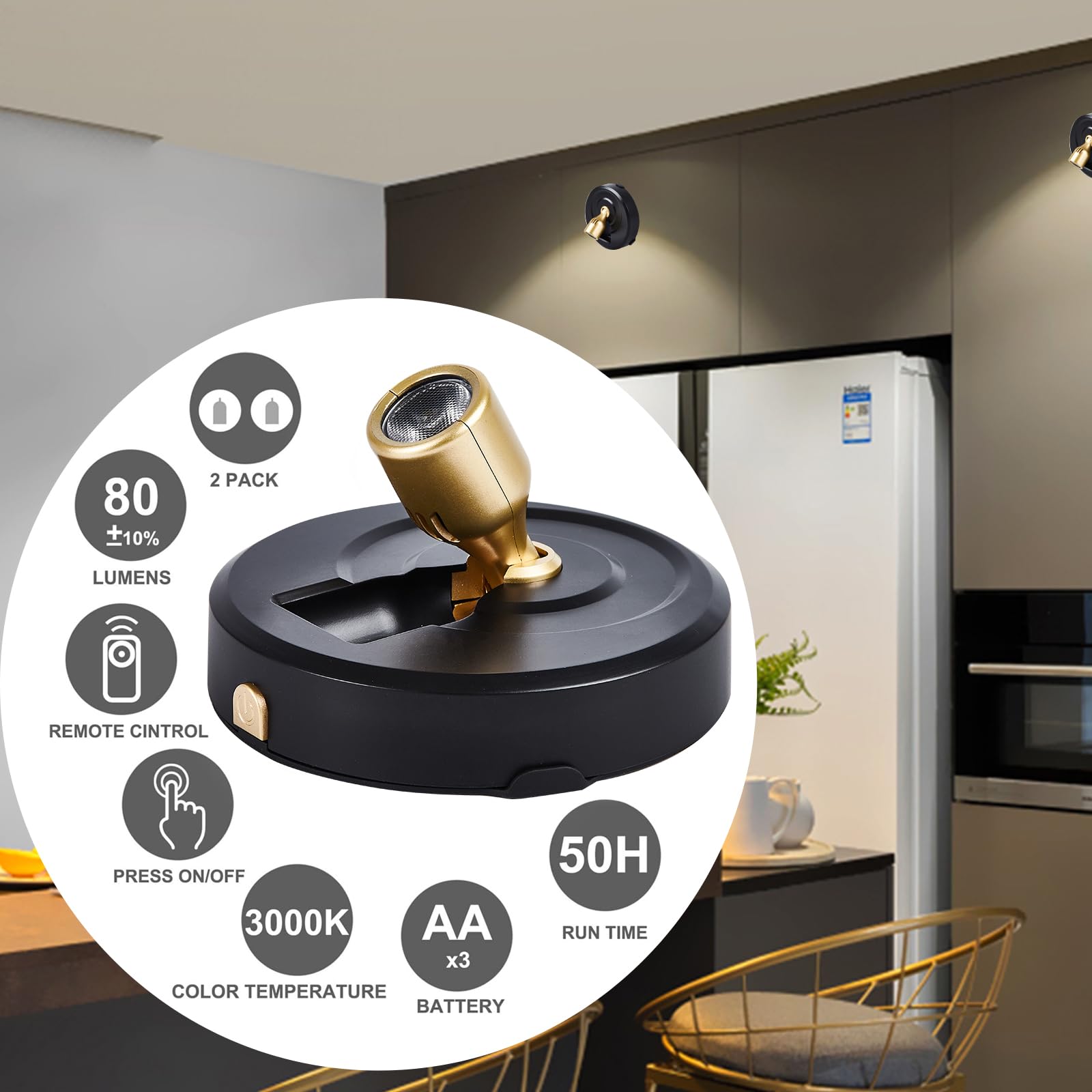 HOFUY 2-Pack Wireless LED Spotlight, Dimmable Battery Operated Picture Lights with Remote, Black-G for Wall Art, Closet, and Dartboard Display