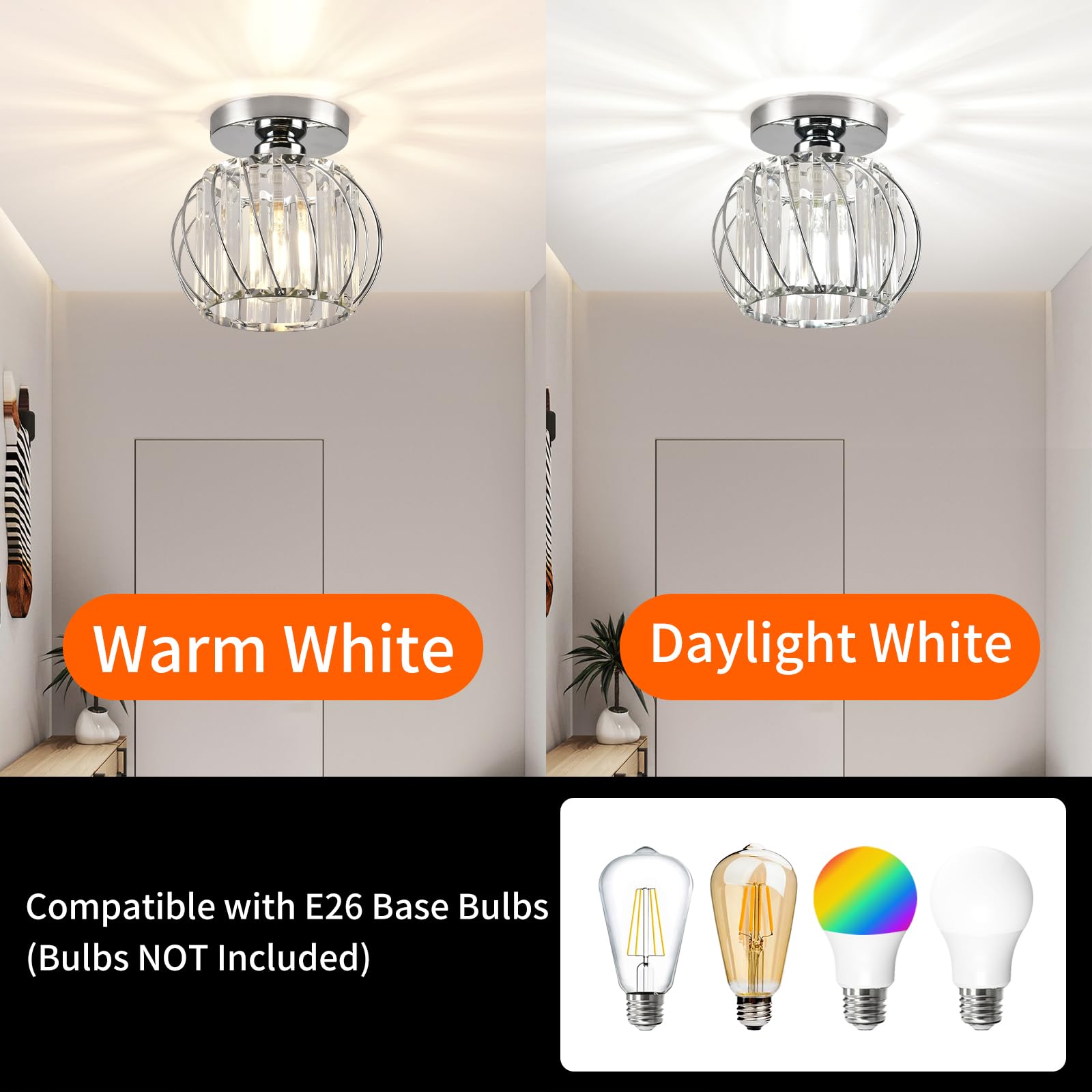 Ztuoyong Crystal Semi Flush Mount Ceiling Light, Silver Crystal Chandelier For Kitchen, Hallway, Dining Rooms, Living Rooms, Bar