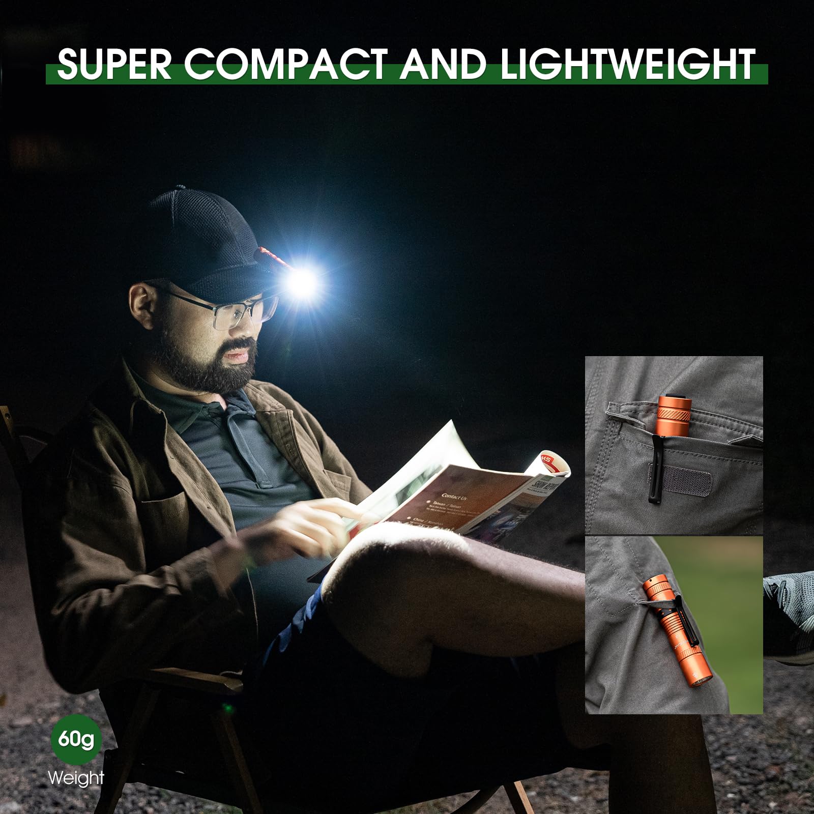 PIOOCAN EDC Flashlight 1200 Lumens, 4 Modes, Compact Pocket Size, Orange, Model L2-ORANGE